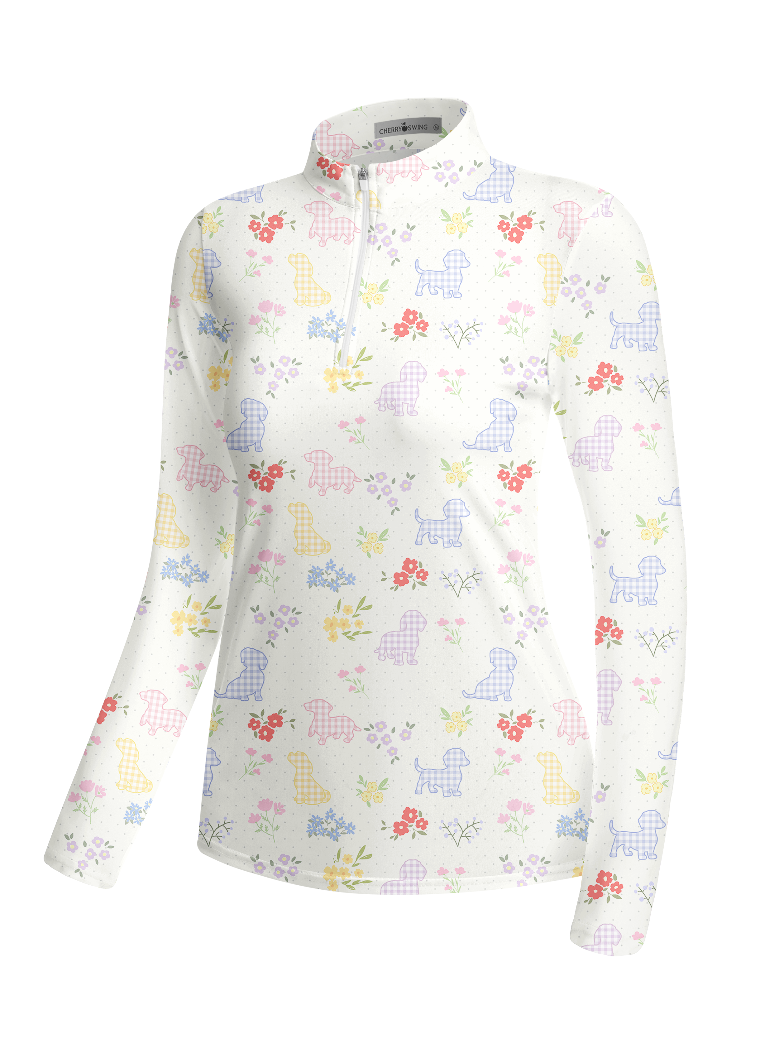 Cherryswing Women's Plaid Puppy and Floral Ditsy Long Sleeve Golf Shirt
