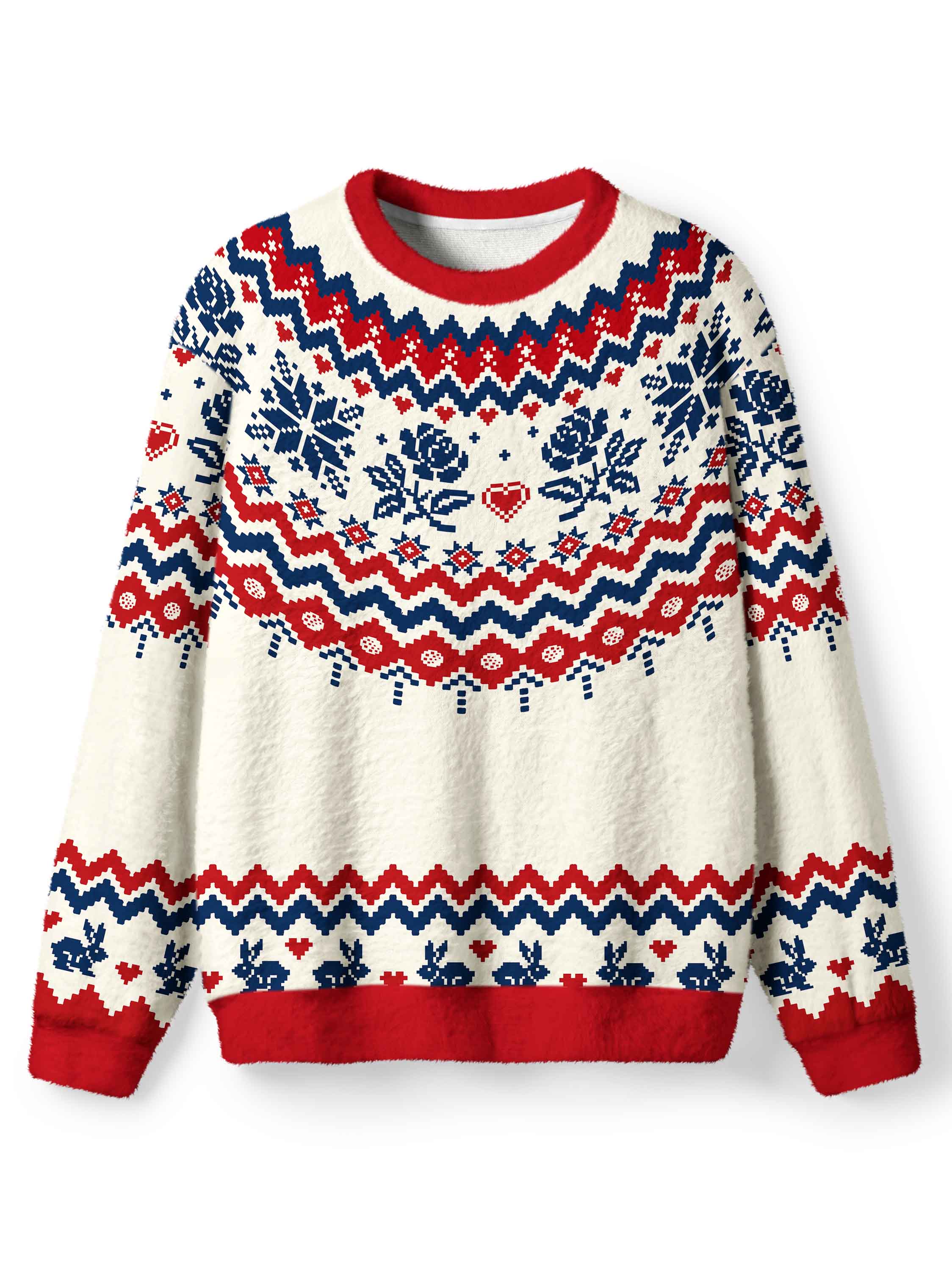 Cherryswing Women's Pixel Rose Fuzzy Crew Neck Sweater
