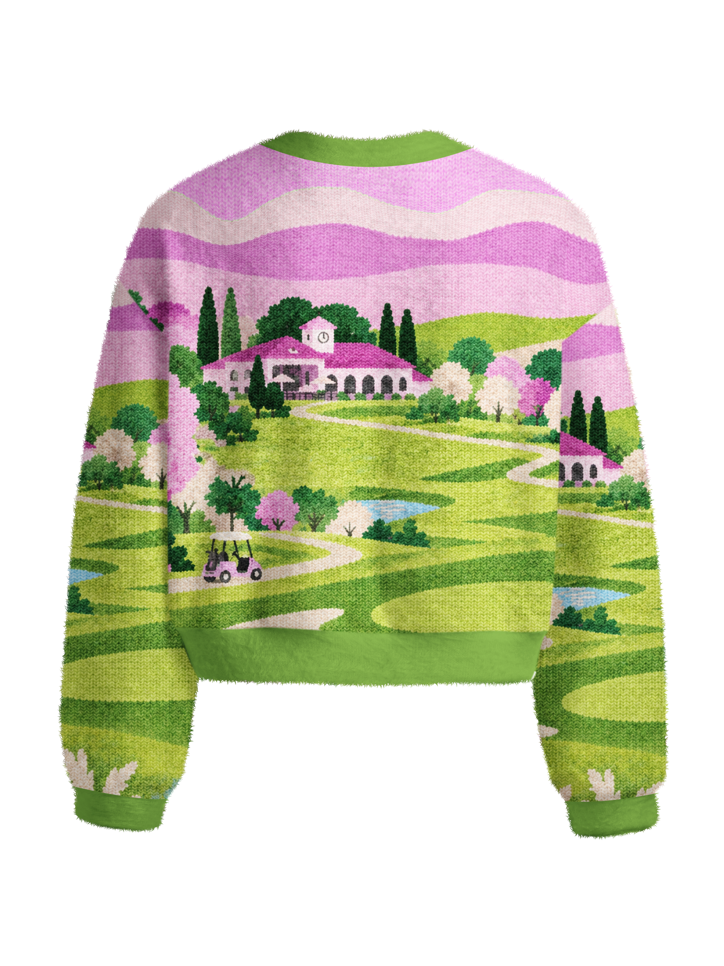 Cherryswing Women's Pastoral Landscape Fuzzy Knit Golf Sweater