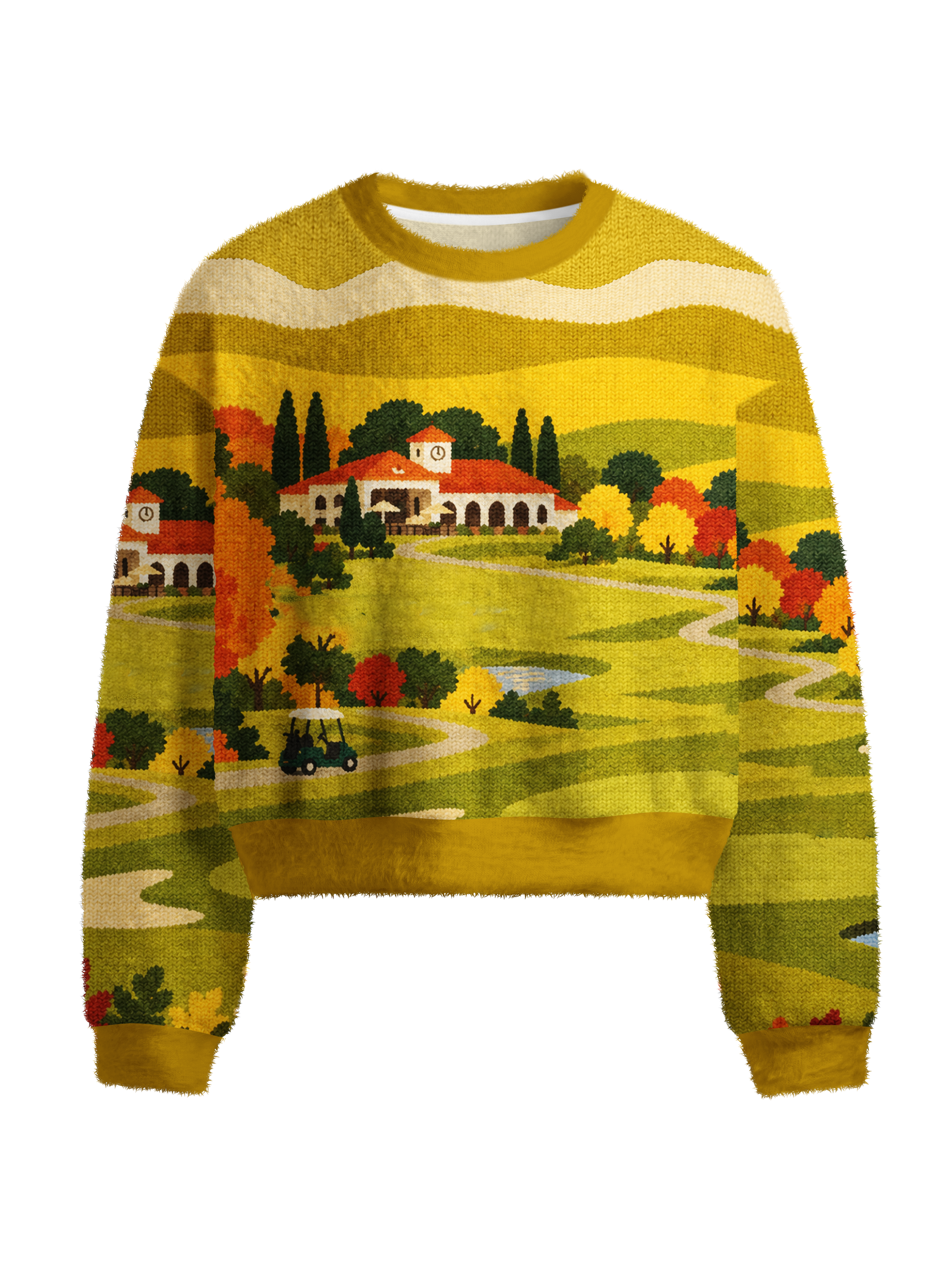Cherryswing Women's Pastoral Landscape Fuzzy Knit Golf Sweater