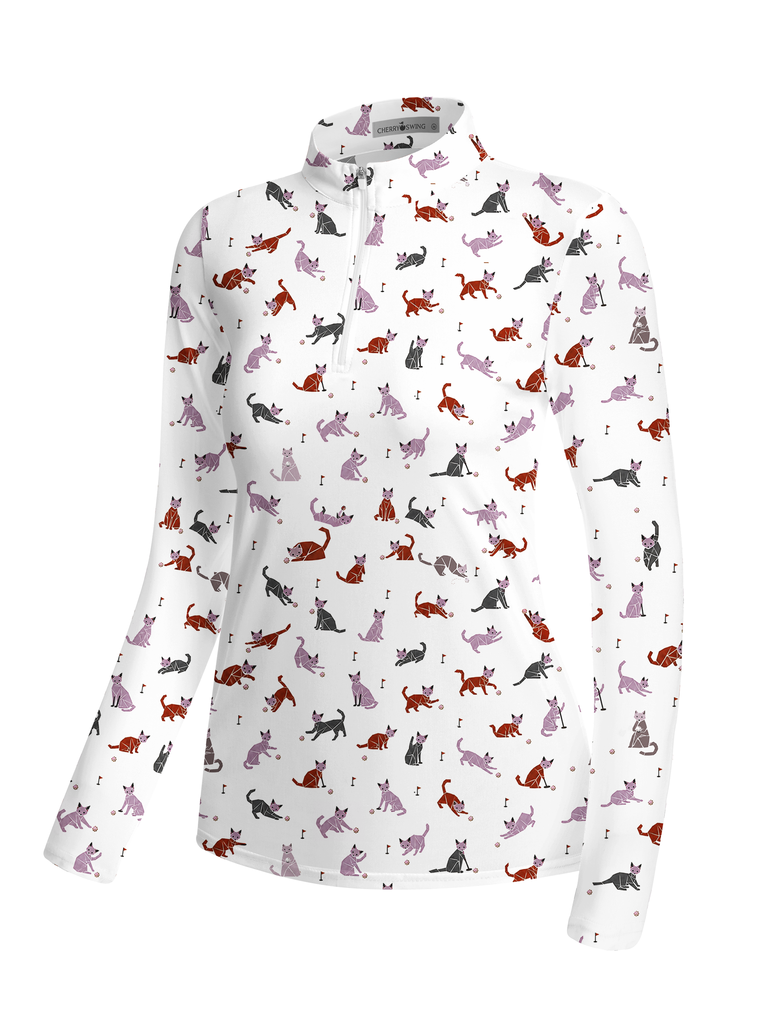 Cherryswing Women's Playful Cat Pattern Long Sleeve Golf Shirt