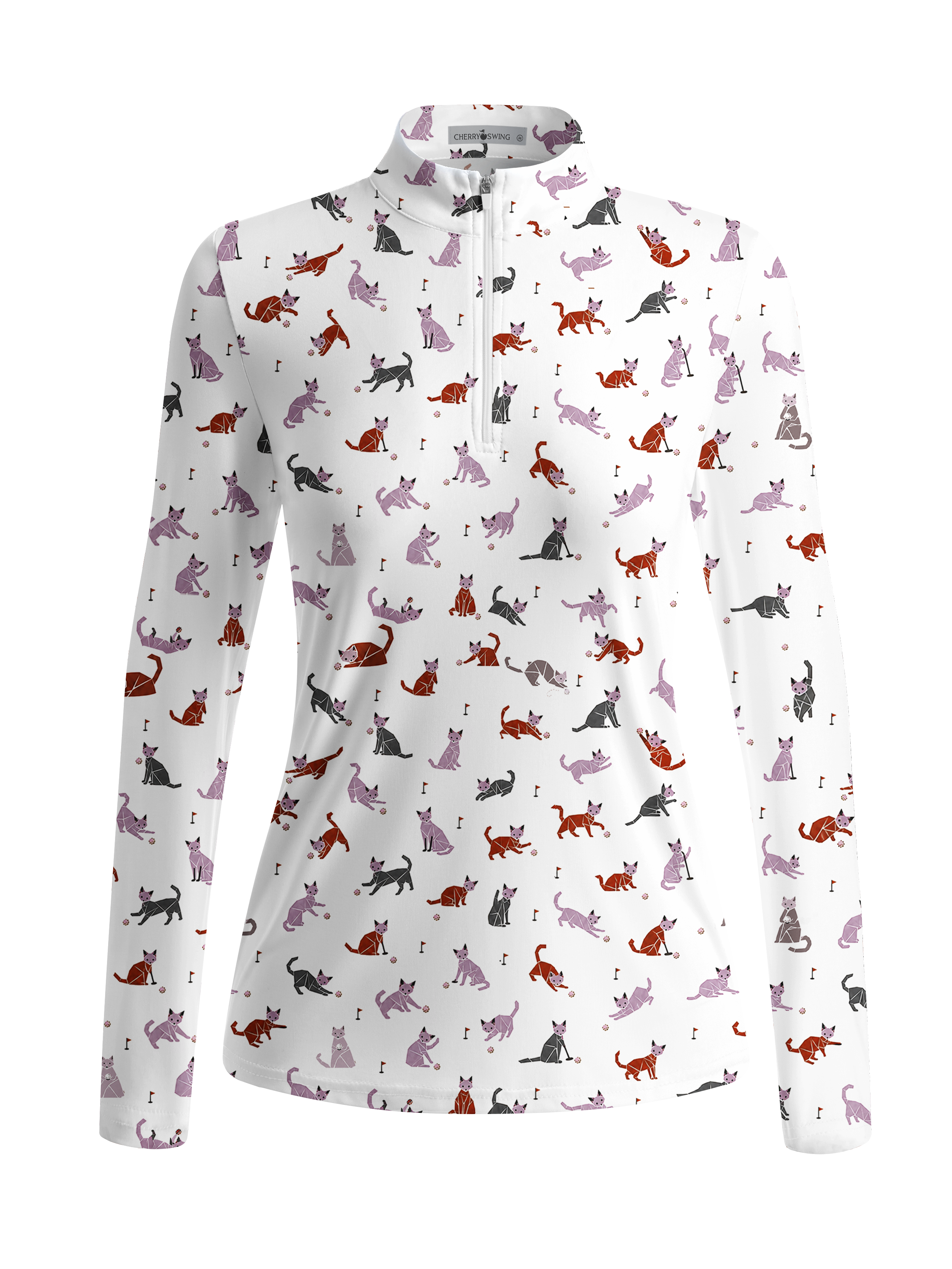 Cherryswing Women's Playful Cat Pattern Long Sleeve Golf Shirt