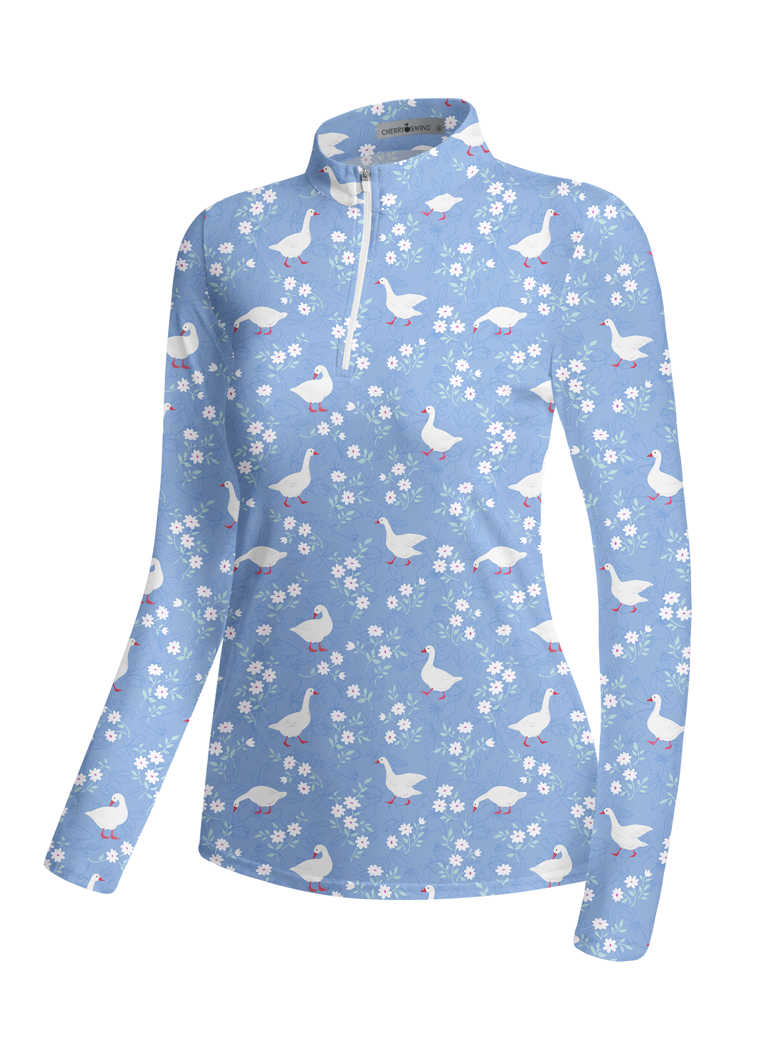 Cherryswing Women's Pastoral Goose and Floral Pattern Long Sleeve Golf Shirt