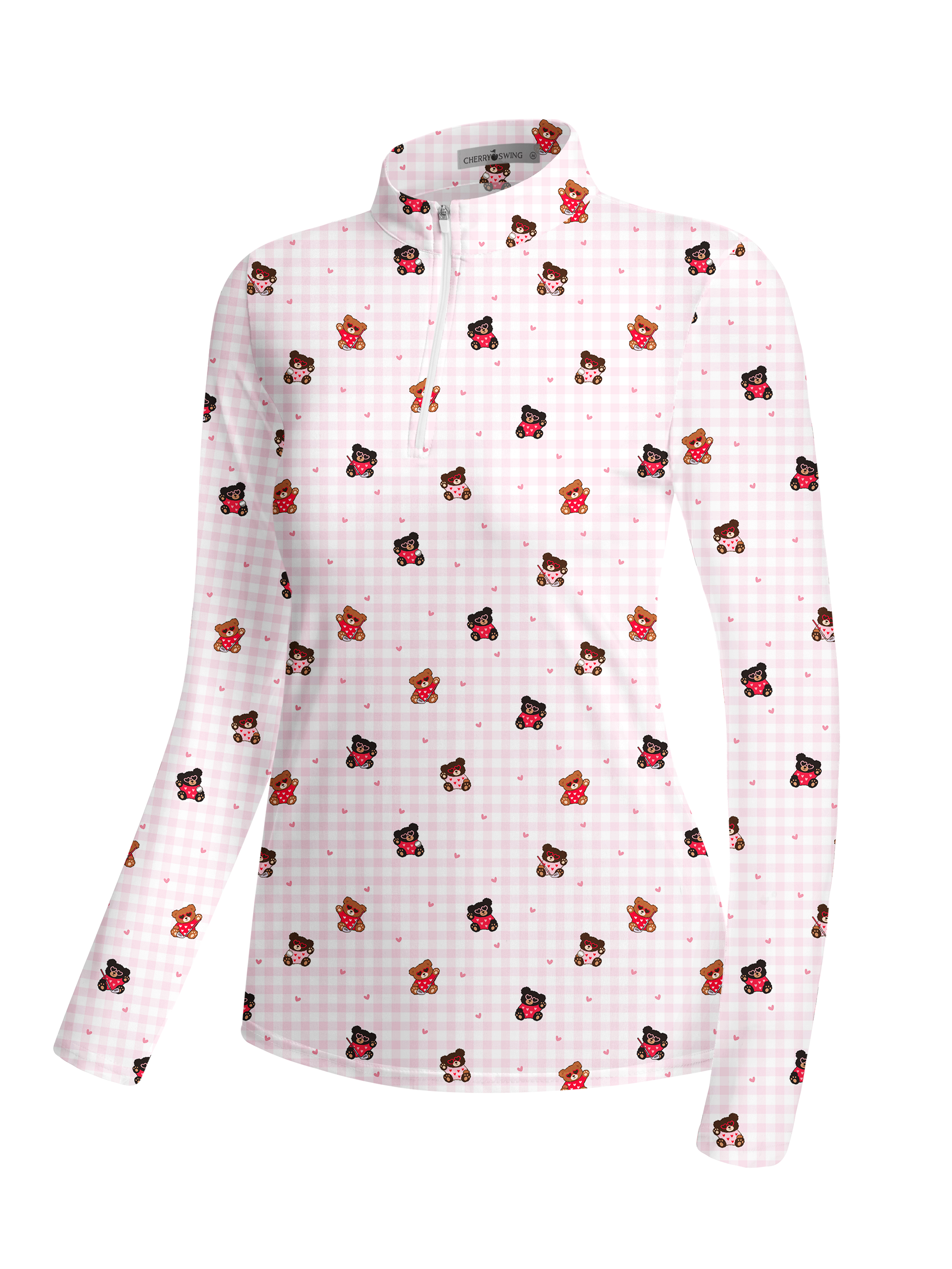 Cherryswing Women's Plaid Bear and Heart Pattern Long Sleeve Golf Shirt