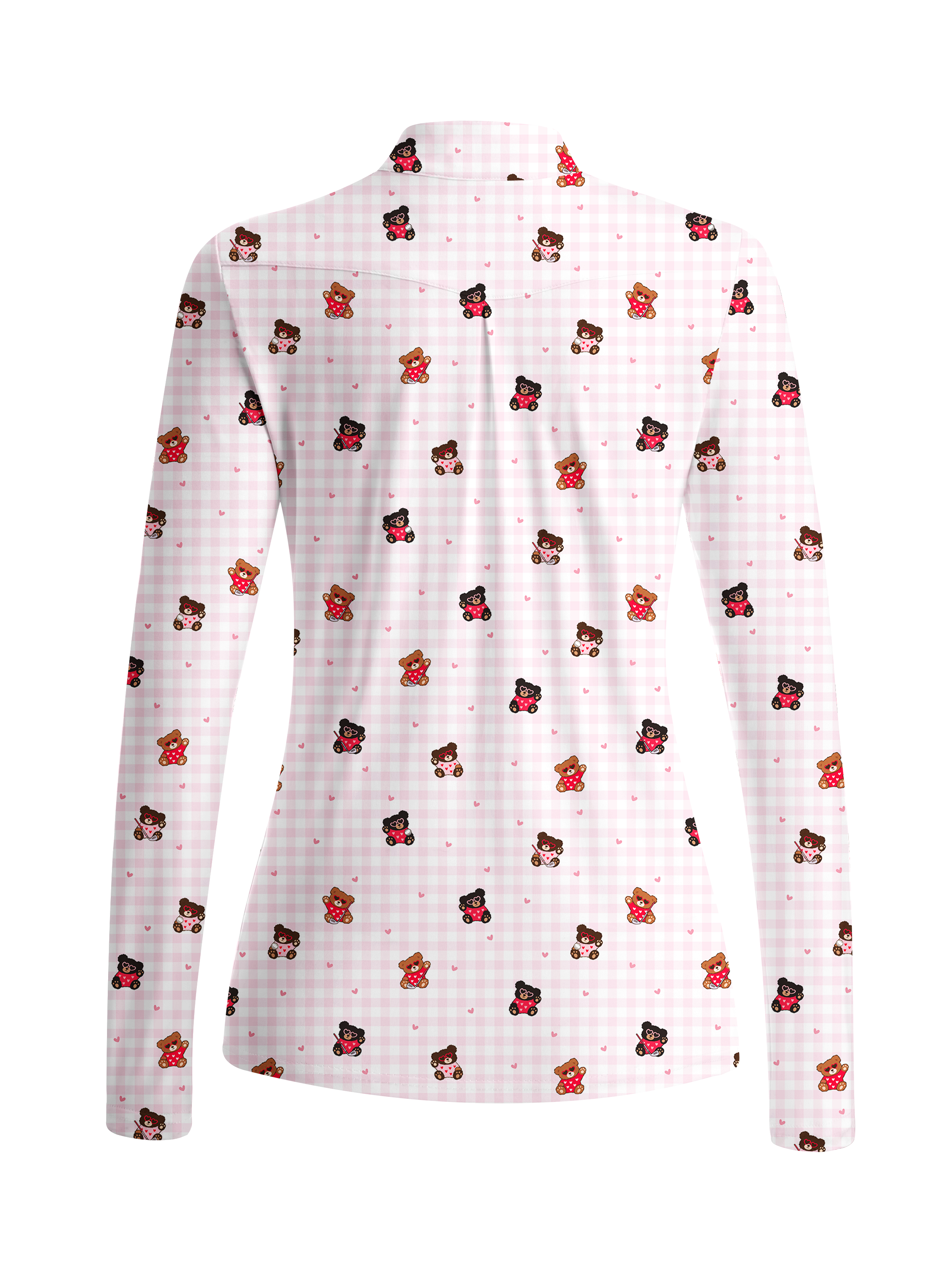 Cherryswing Women's Plaid Bear and Heart Pattern Long Sleeve Golf Shirt