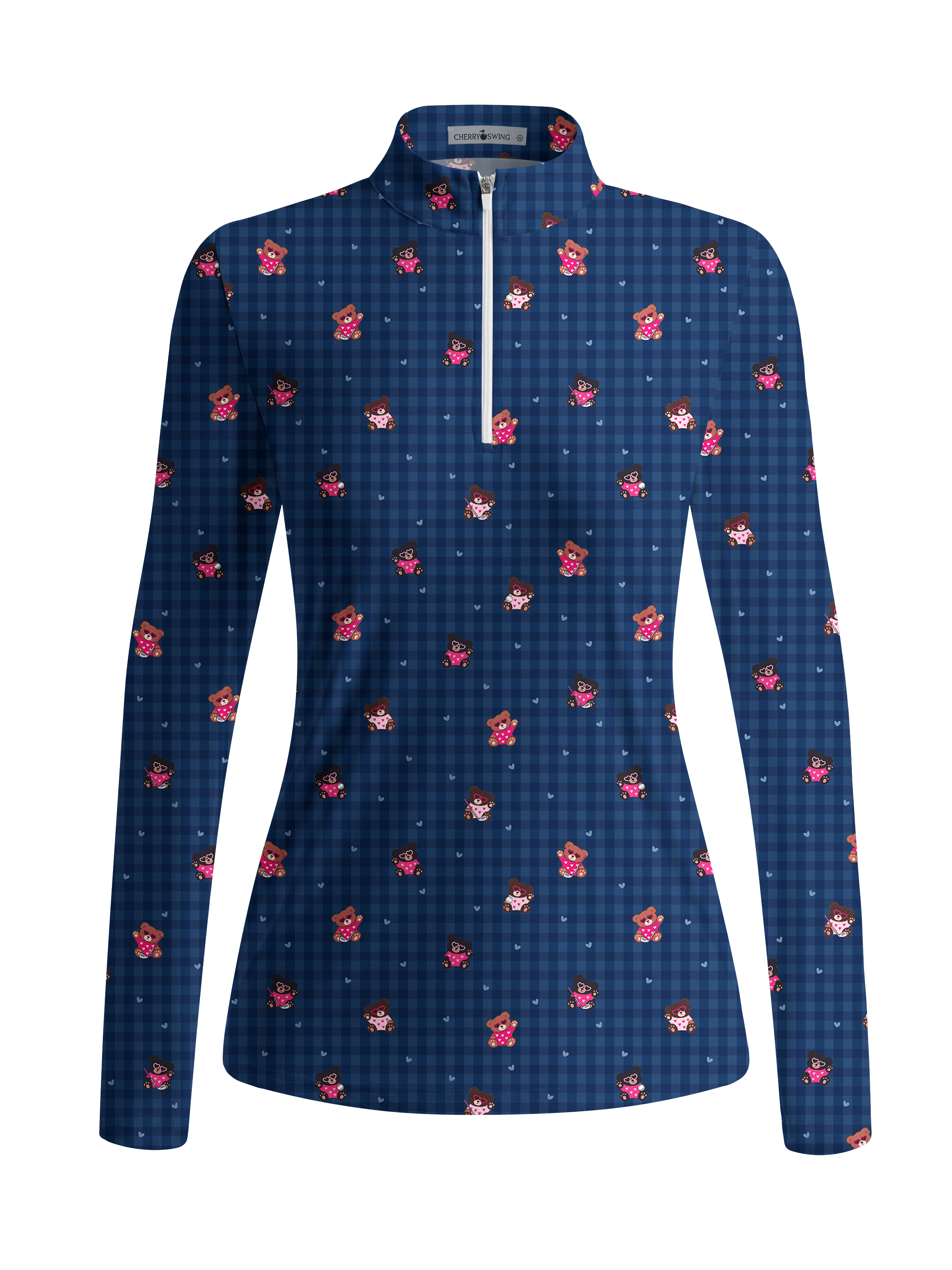 Cherryswing Women's Plaid Bear and Heart Pattern Long Sleeve Golf Shirt