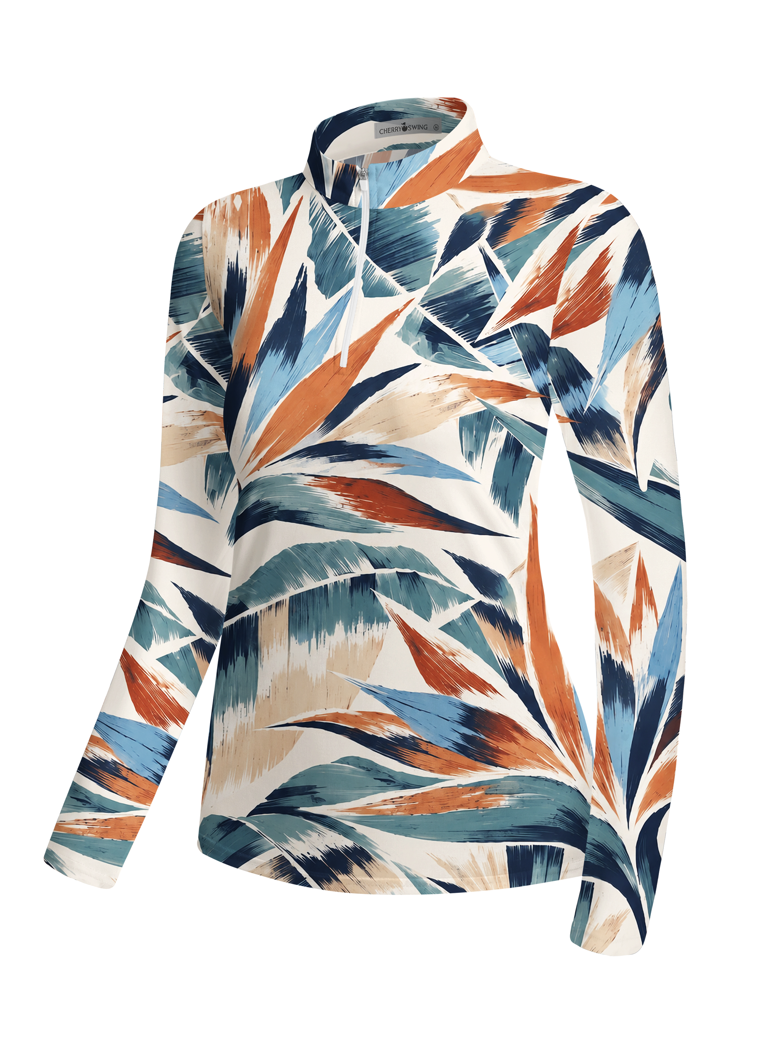 Cherryswing Women's Bold Brushstroke Tropical Leaf Long Sleeve Golf Shirt