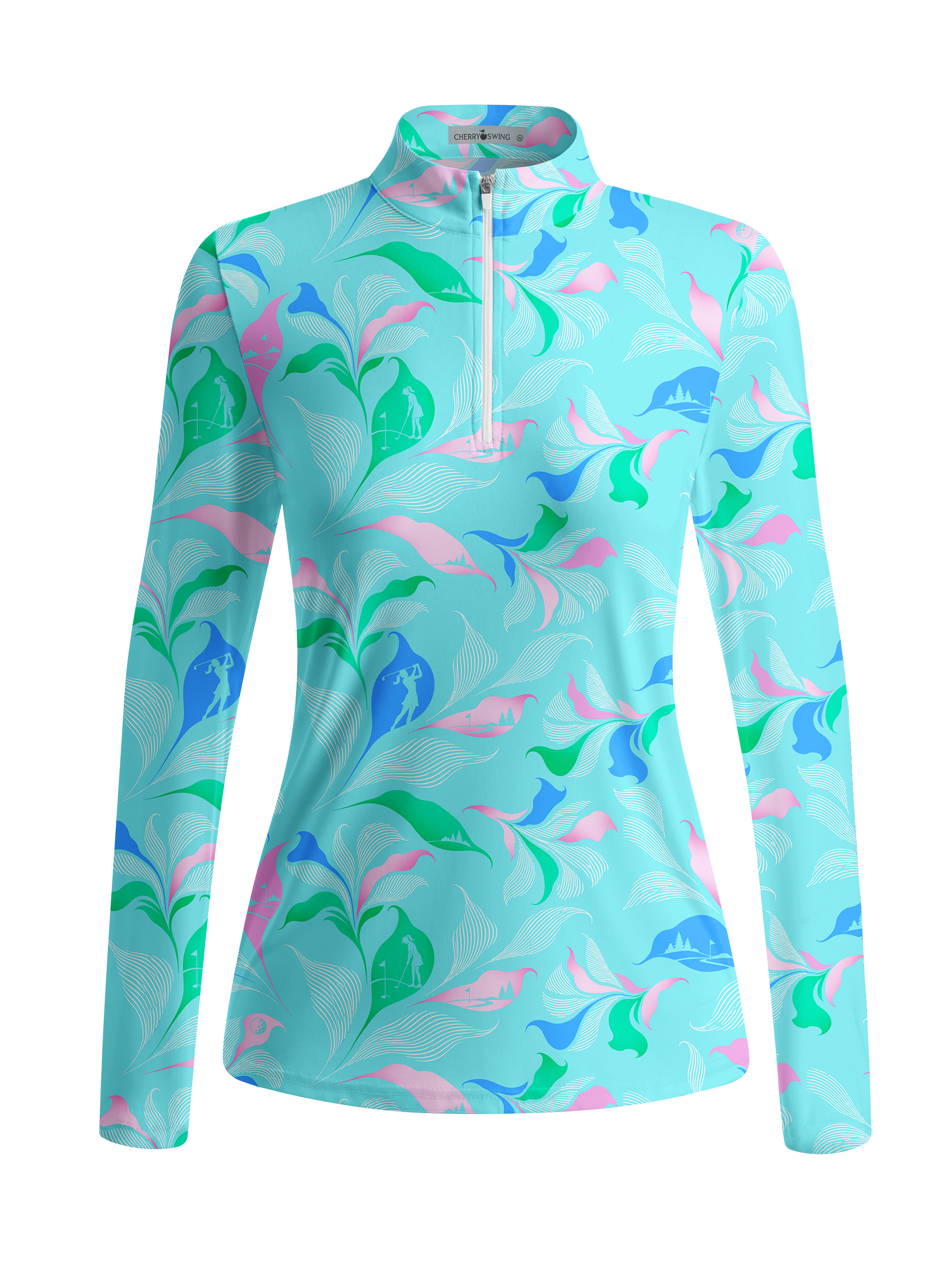 Cherryswing Women's Gradient Color FlowersLong Sleeve Golf Polo
