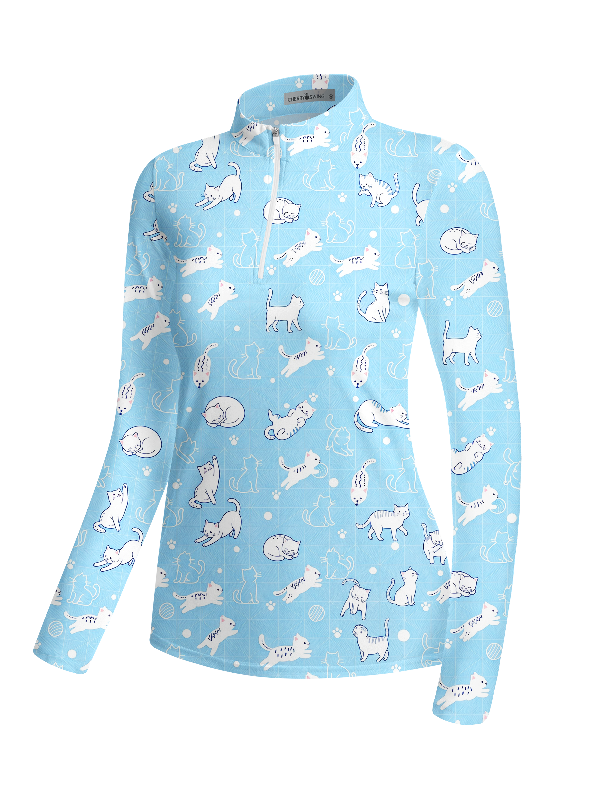 Cherryswing Women's Cute Cat Pattern Long Sleeve Golf Shirt
