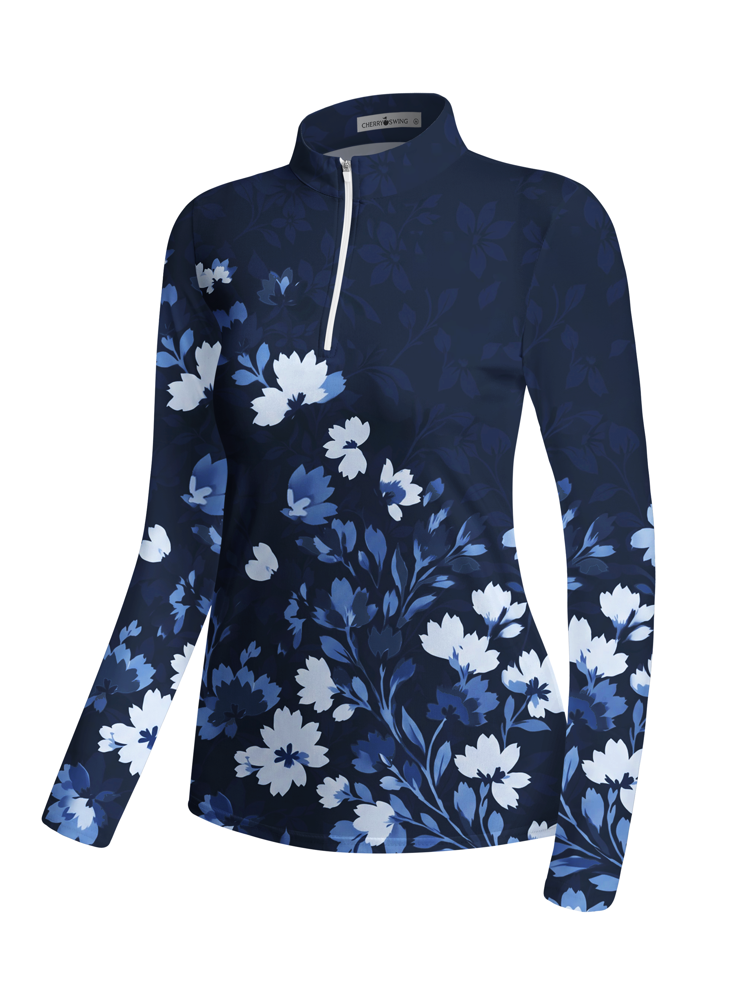 Cherryswing Women's Gradient Blue Floral Pattern Long Sleeve Golf Shirt
