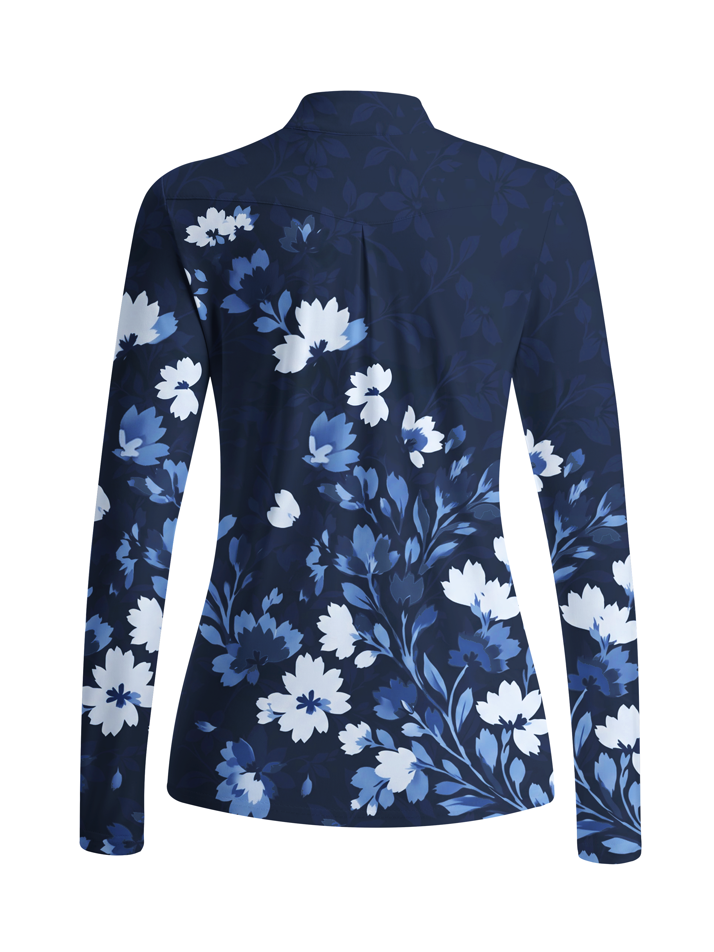 Cherryswing Women's Gradient Blue Floral Pattern Long Sleeve Golf Shirt