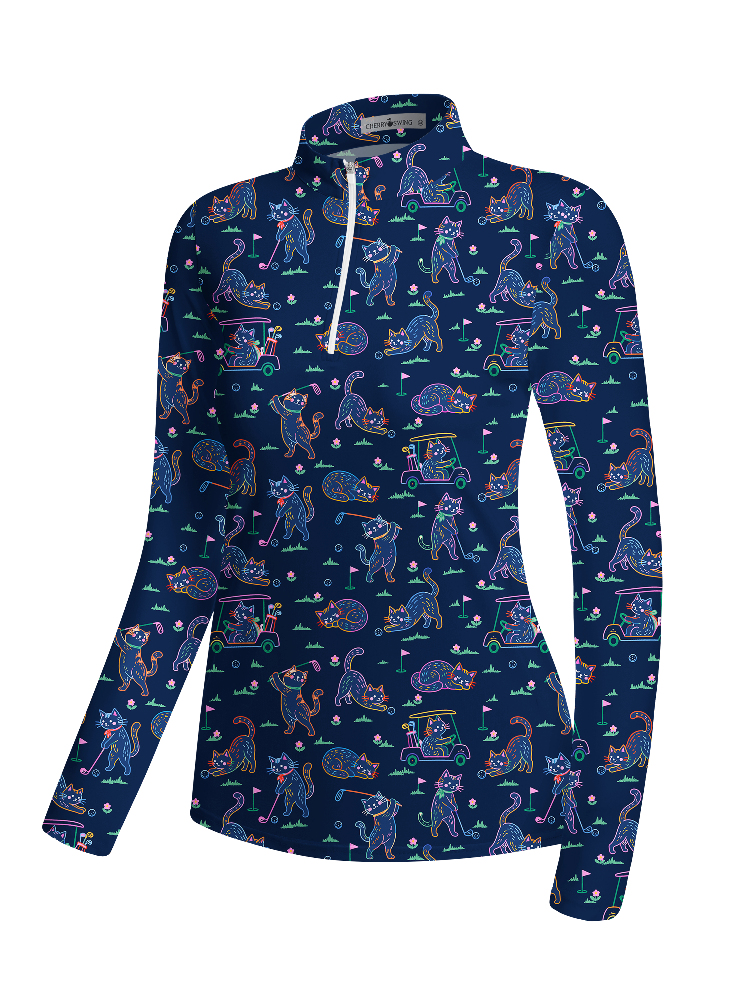 Cherryswing Women's Neon Cat Golf Theme Pattern Long Sleeve Golf Shirt