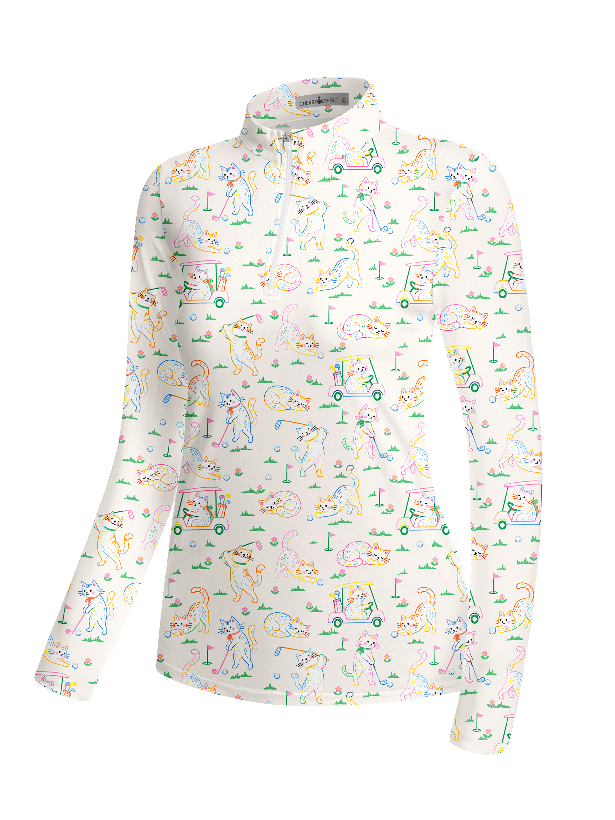 Cherryswing Women's Neon Cat Golf Theme Pattern Long Sleeve Golf Shirt