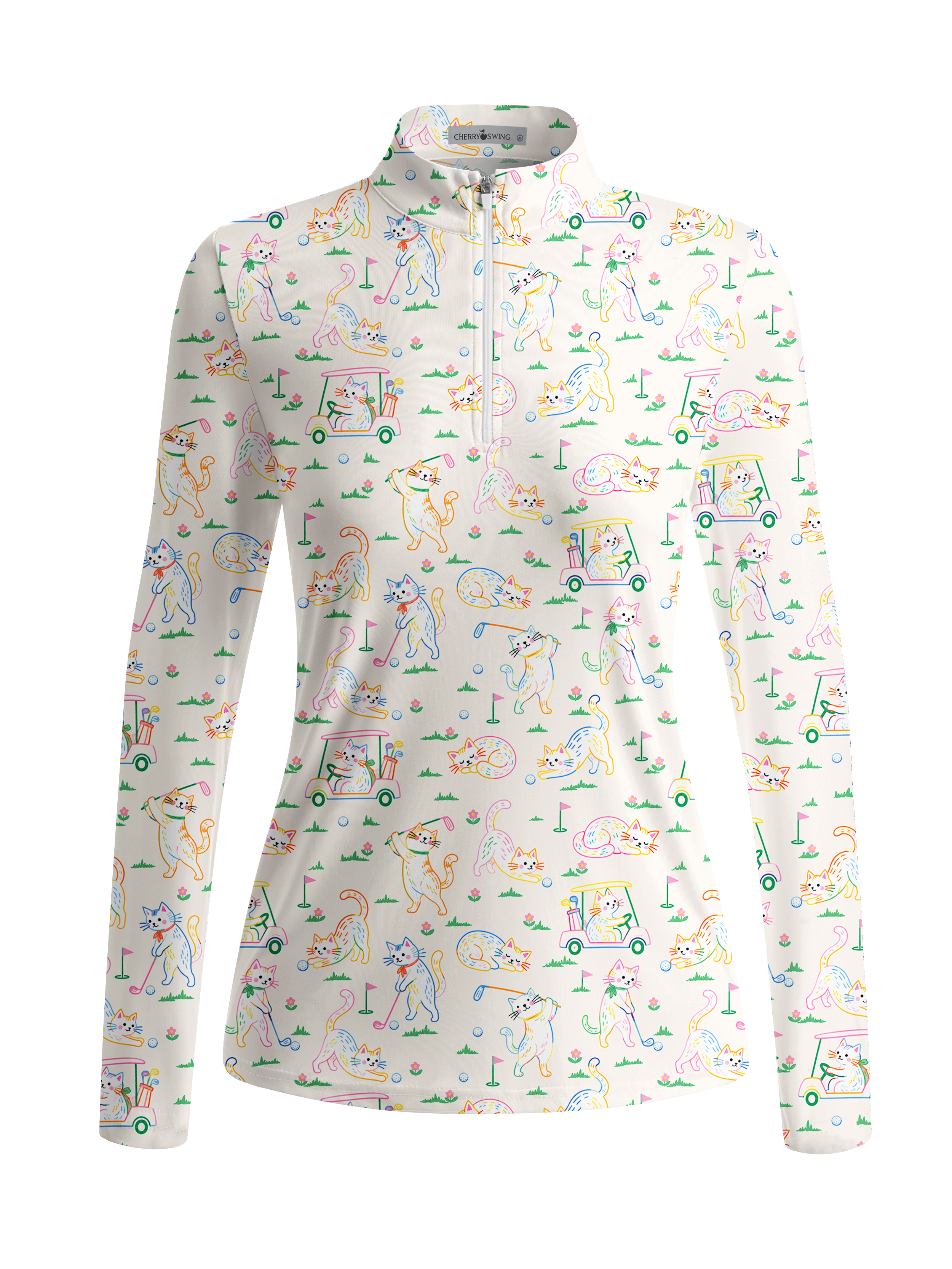 Cherryswing Women's Neon Cat Golf Theme Pattern Long Sleeve Golf Shirt