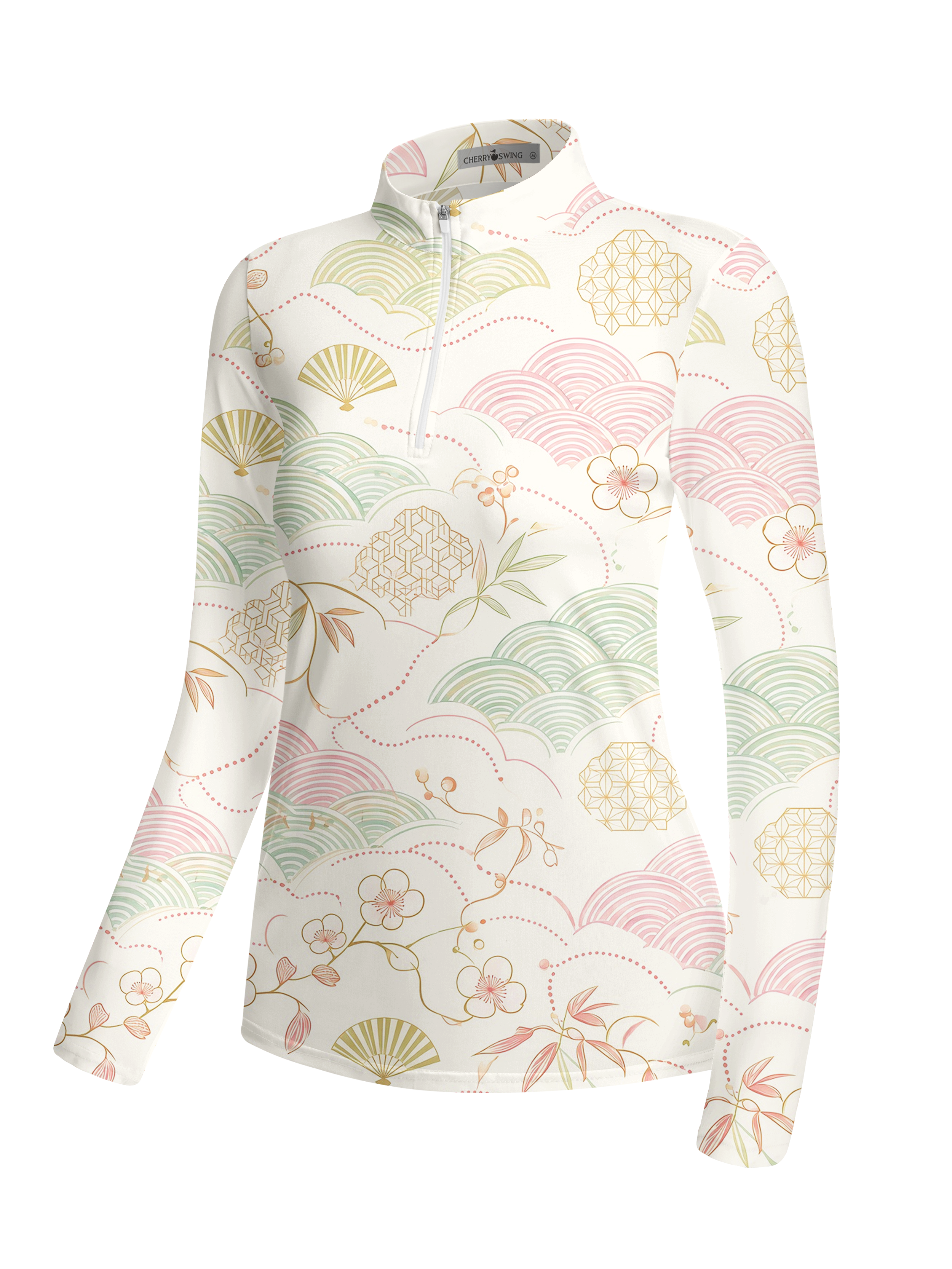 Cherryswing Women's Oriental Geometric Fan Long Sleeve Golf Shirt