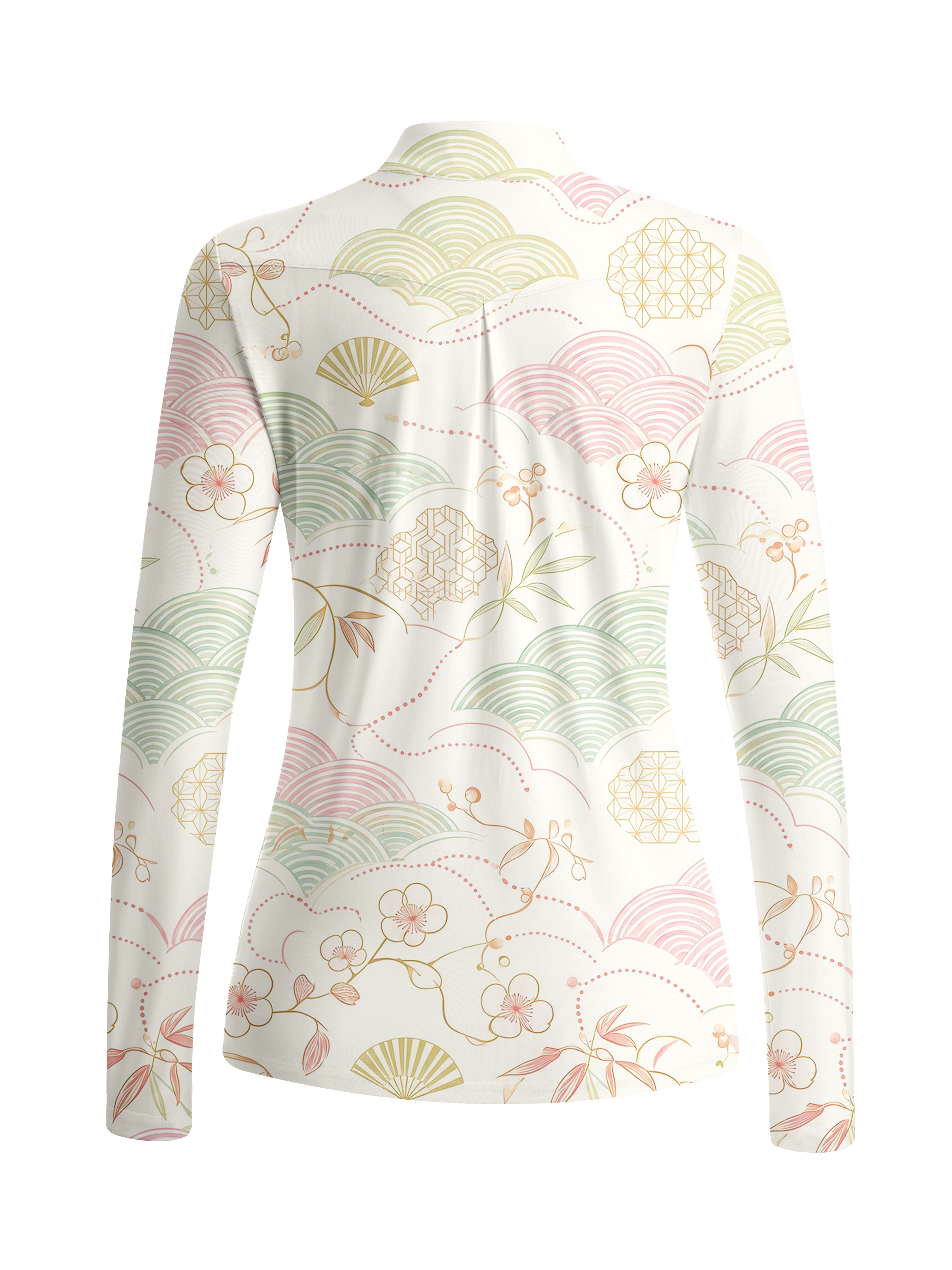 Cherryswing Women's Oriental Geometric Fan Long Sleeve Golf Shirt