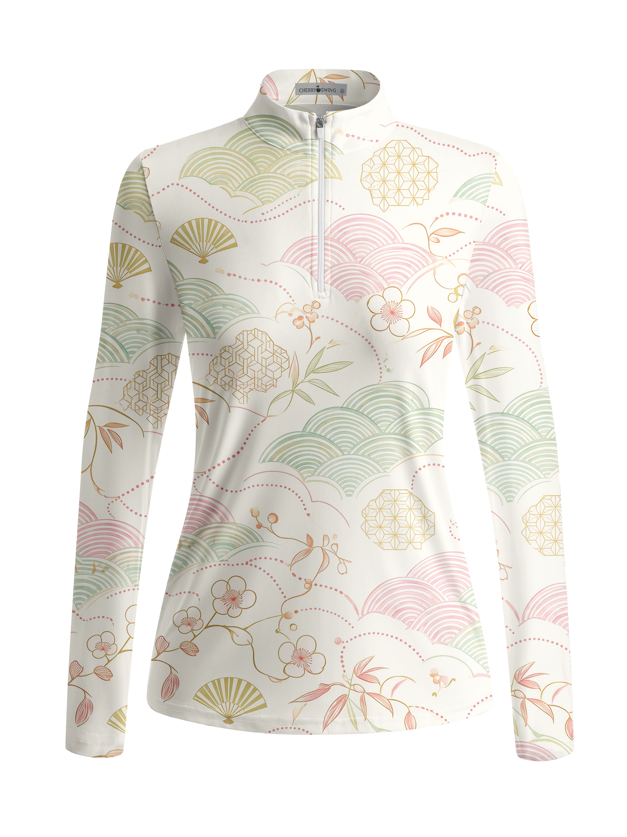 Cherryswing Women's Oriental Geometric Fan Long Sleeve Golf Shirt