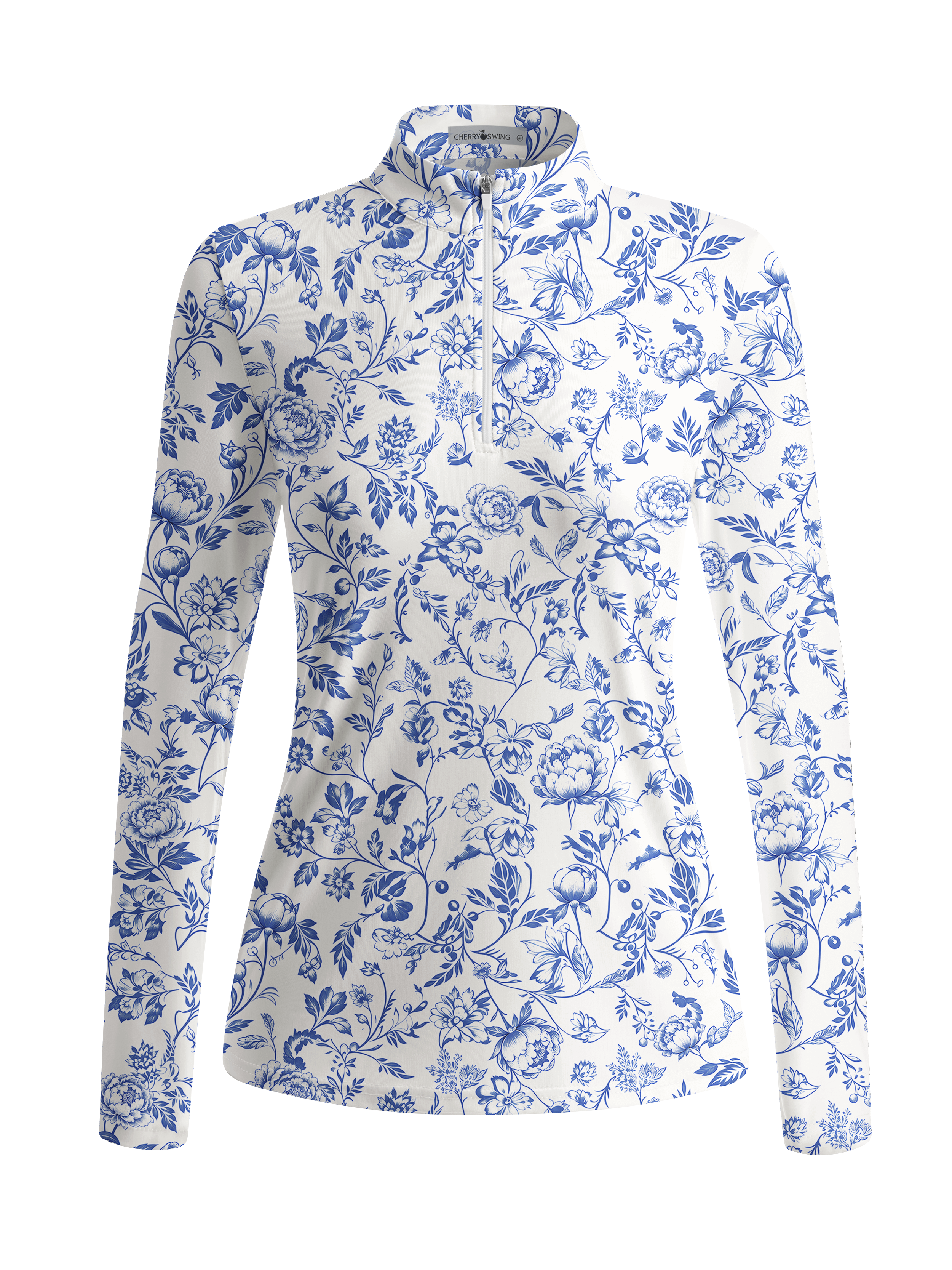 Cherryswing Women's Porcelain Peony Pattern Long Sleeve Golf Shirt