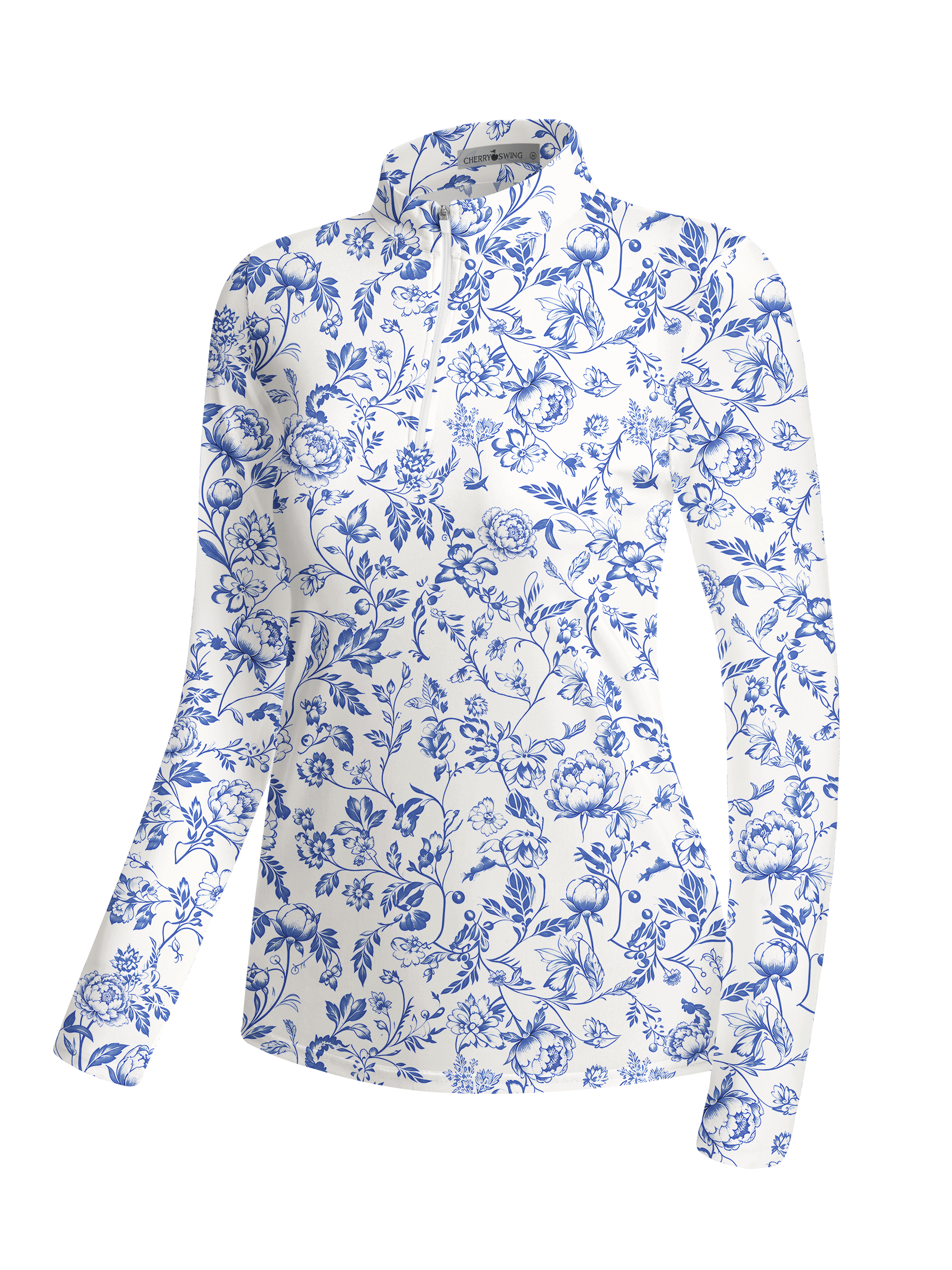 Cherryswing Women's Porcelain Peony Pattern Long Sleeve Golf Shirt