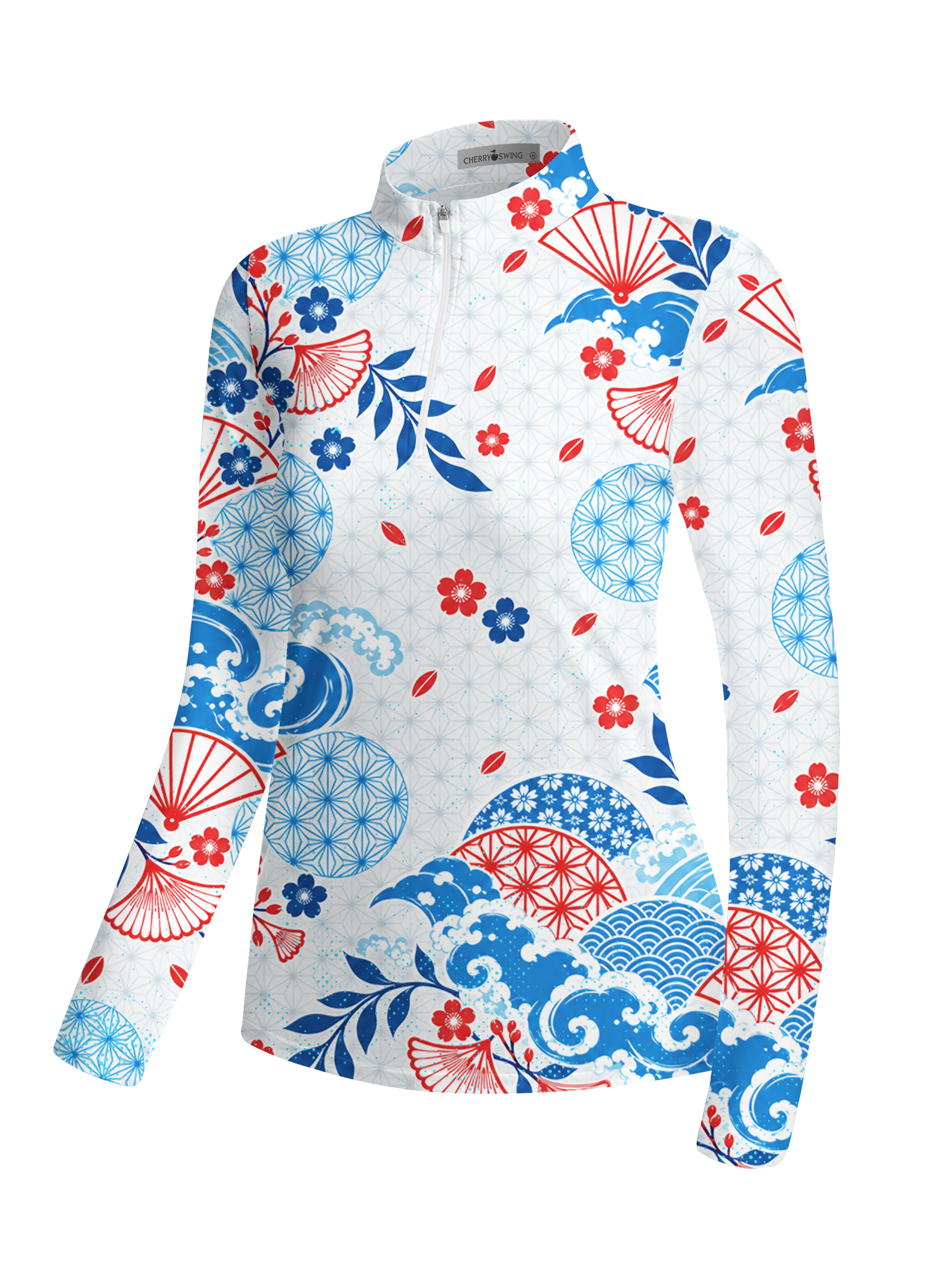Cherryswing Women's Japanese Wave Sakura Pattern Long Sleeve Golf Shirt