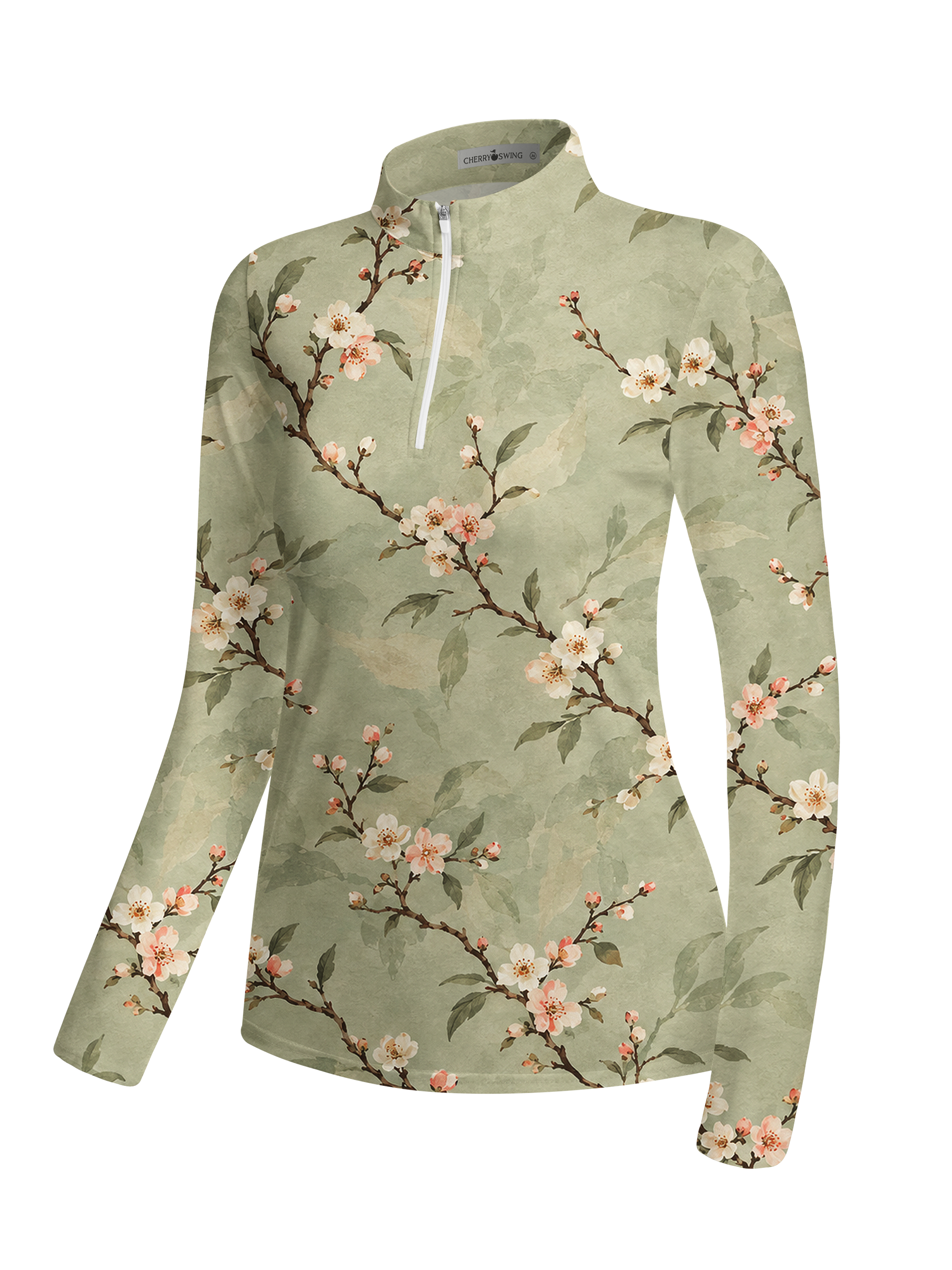 Cherryswing Women's Ink Wash Apricot Blossom Branch Pattern Long Sleeve Golf Shirt