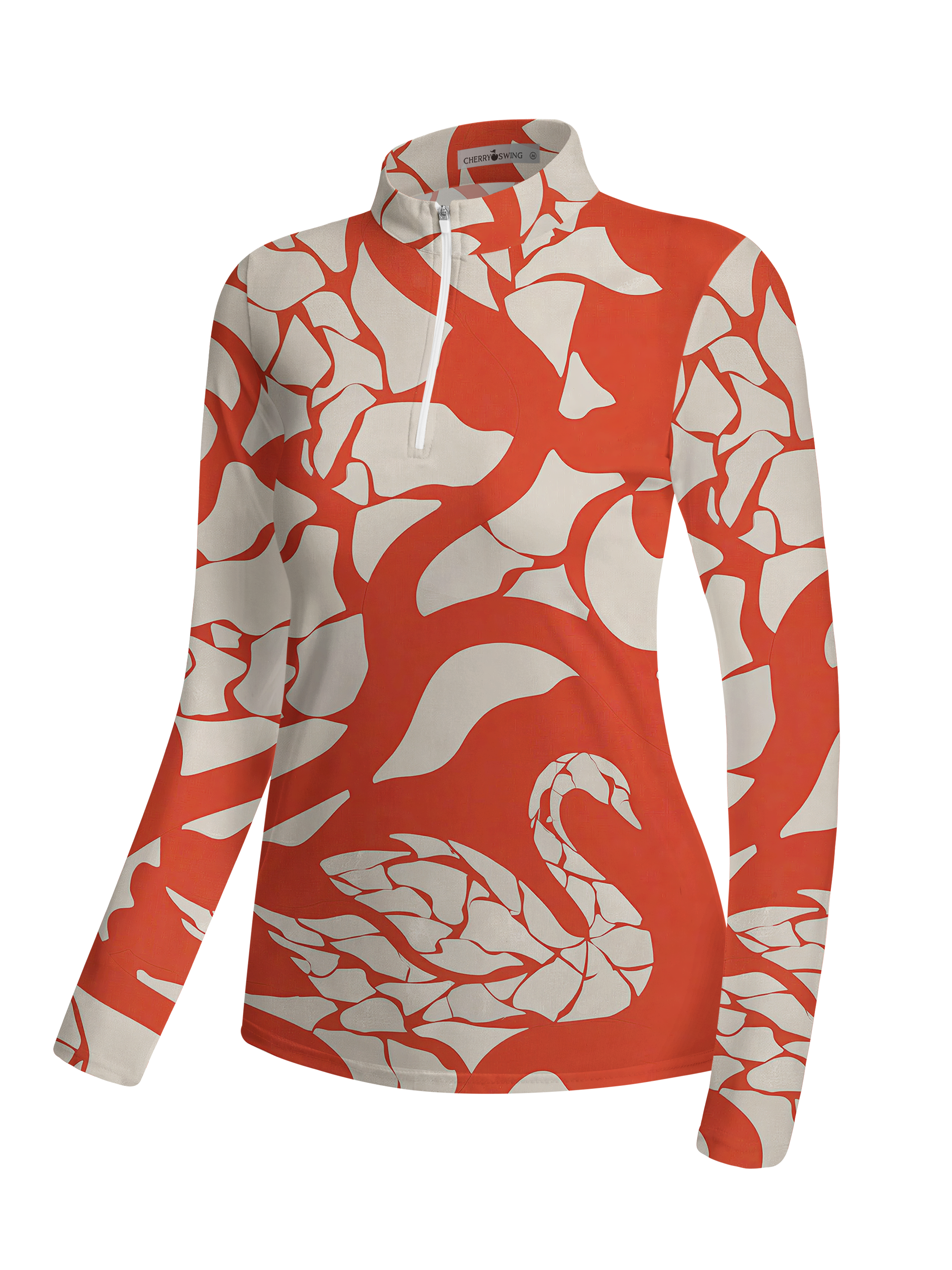 Cherryswing Women's Abstract Geometric Swan Pattern Long Sleeve Golf Shirt