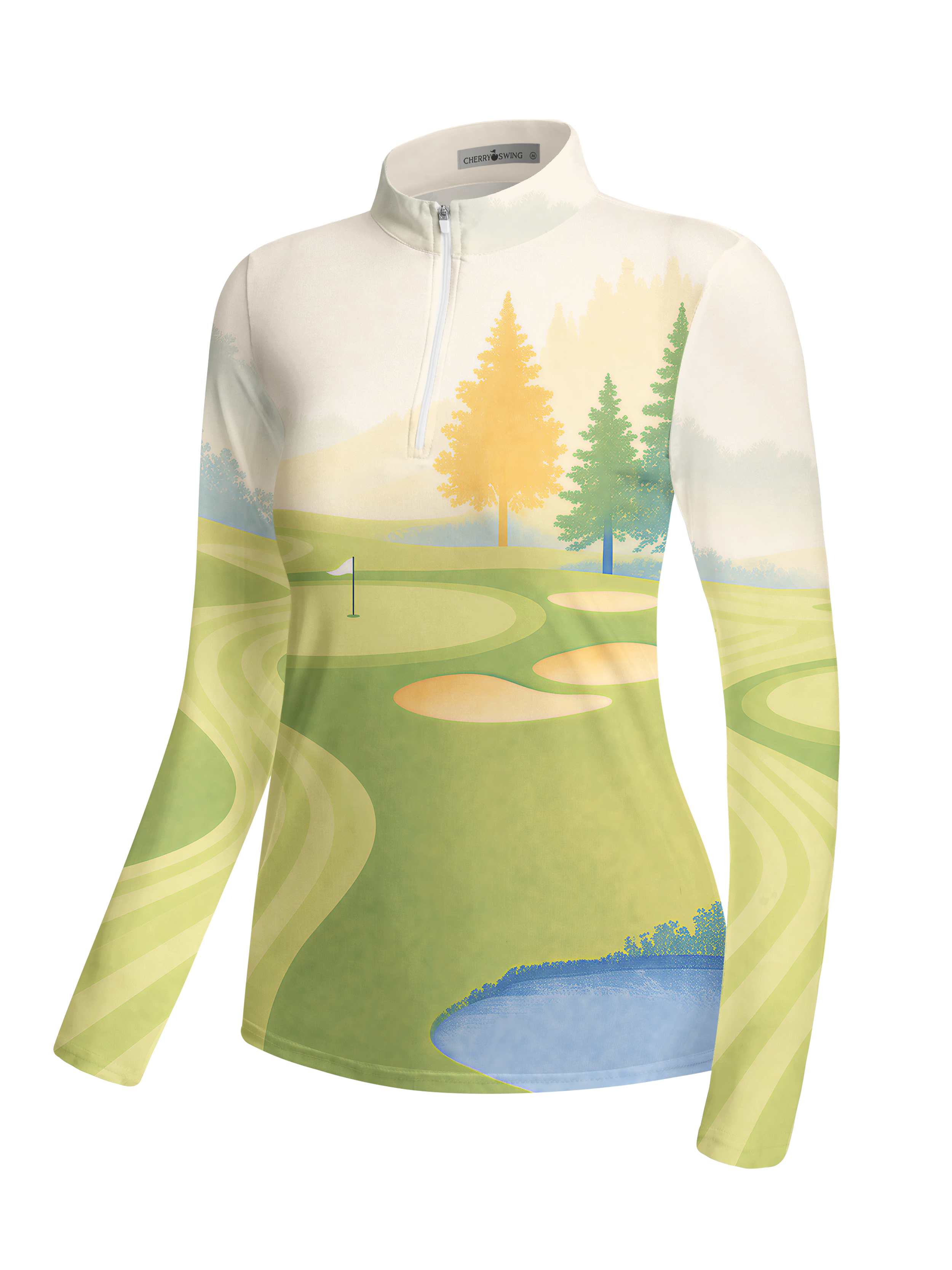 Cherryswing Women's Morning Green Landscape Scenery Long Sleeve Golf Shirt