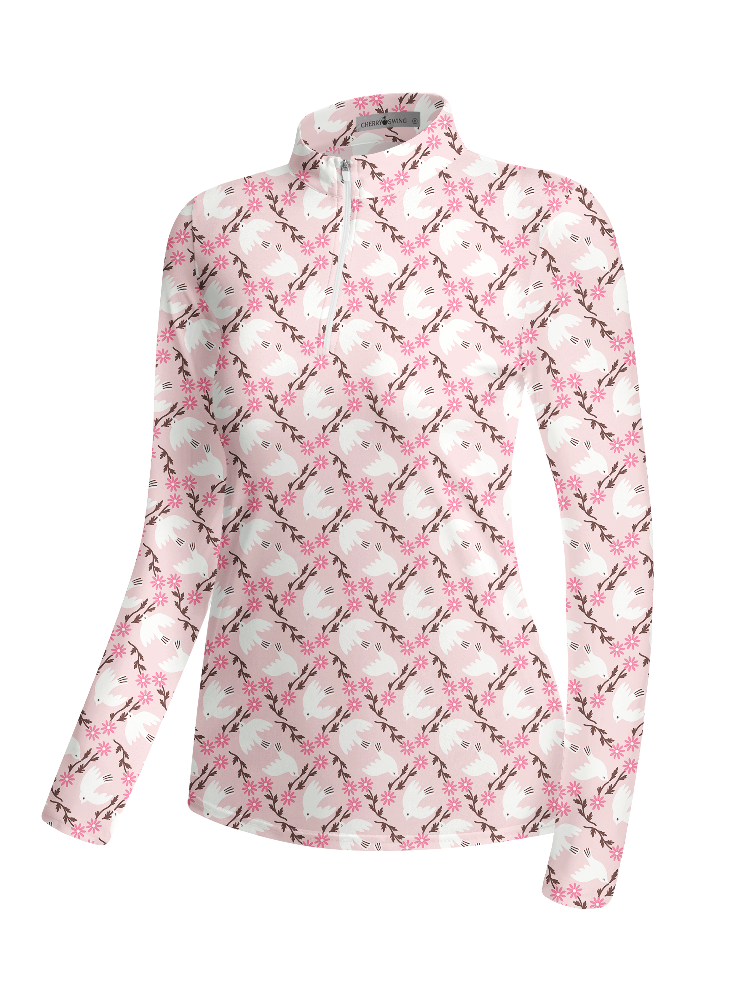 Cherryswing Women's Flying Birds and Blossoms Long Sleeve Golf Shirt