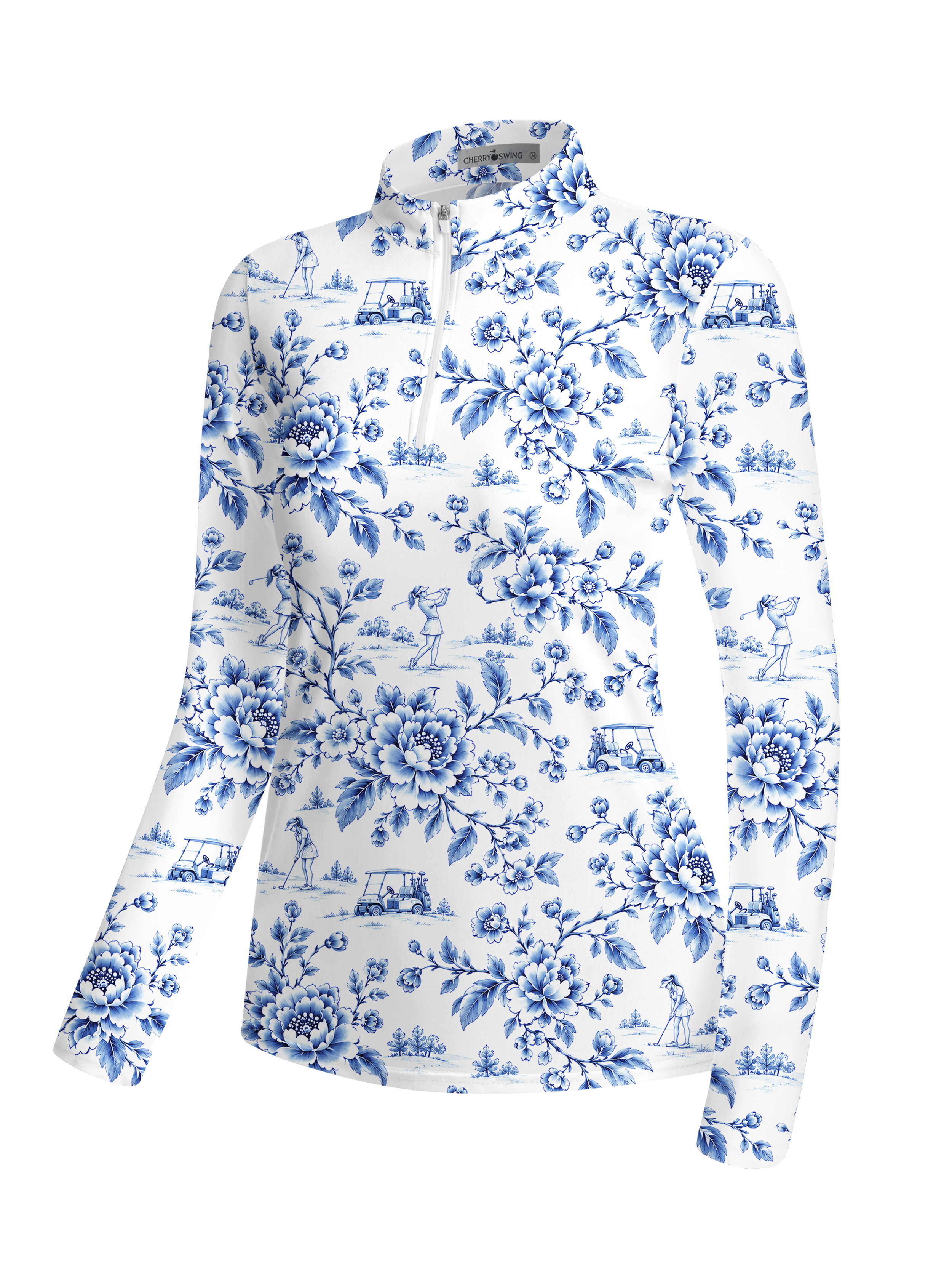 Cherryswing Women's Blue and White Pastoral Golf Style Long Sleeve Shirt