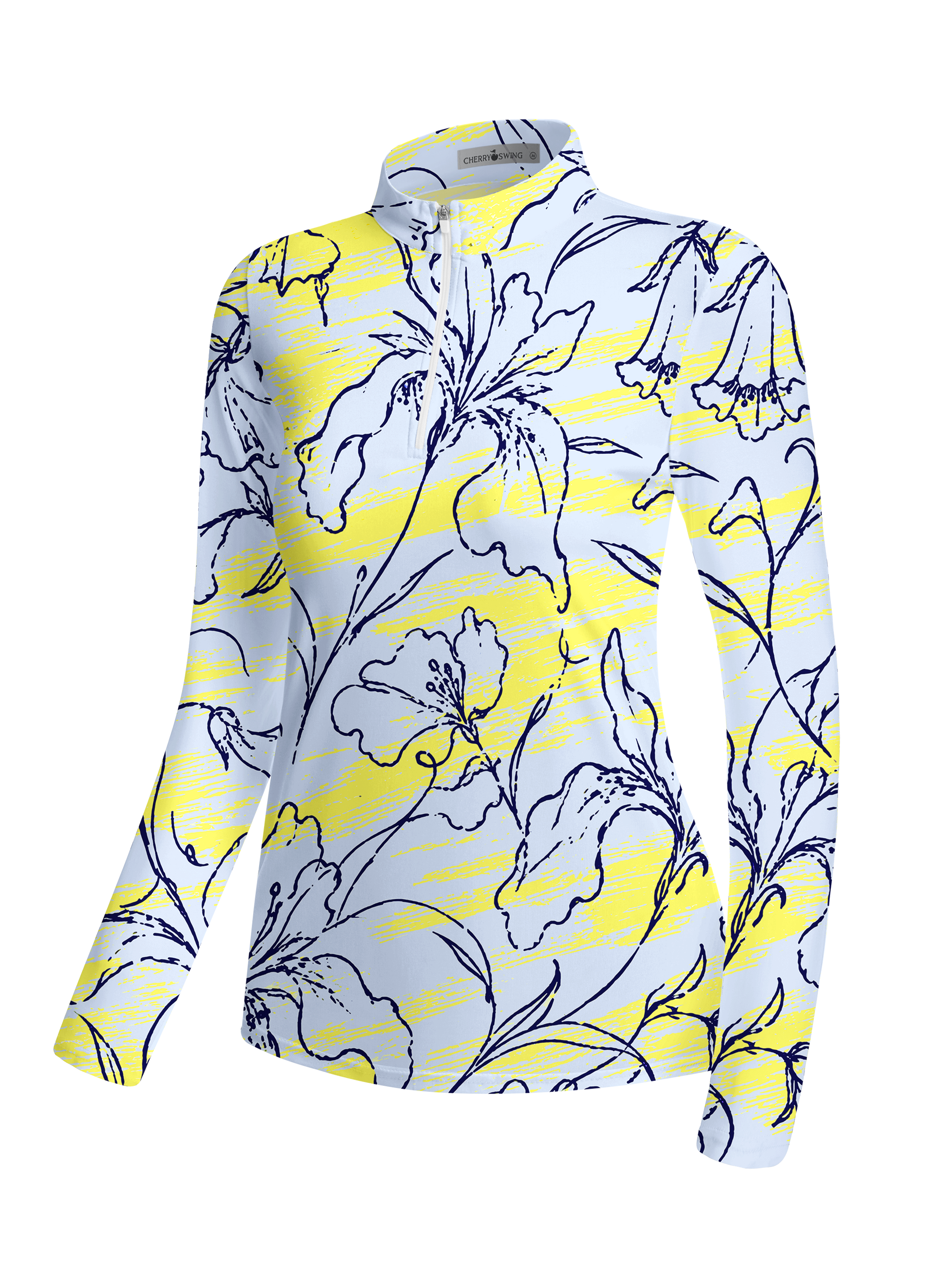 Cherryswing Women's Lemon Yellow Line Art Floral Long Sleeve Golf Shirt