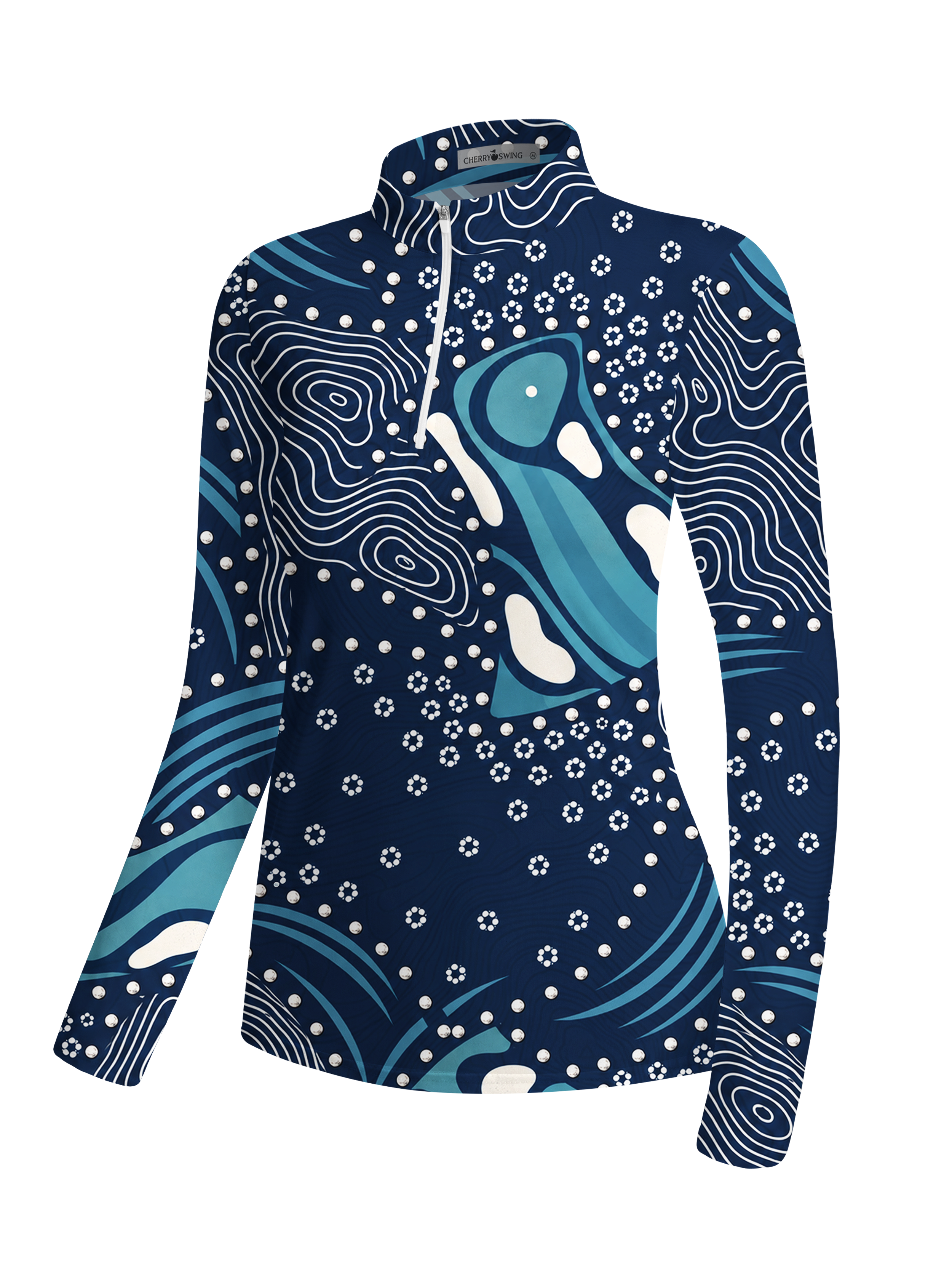 Cherryswing Women's Deep Sea Contour Abstract Print Long Sleeve Golf Shirt