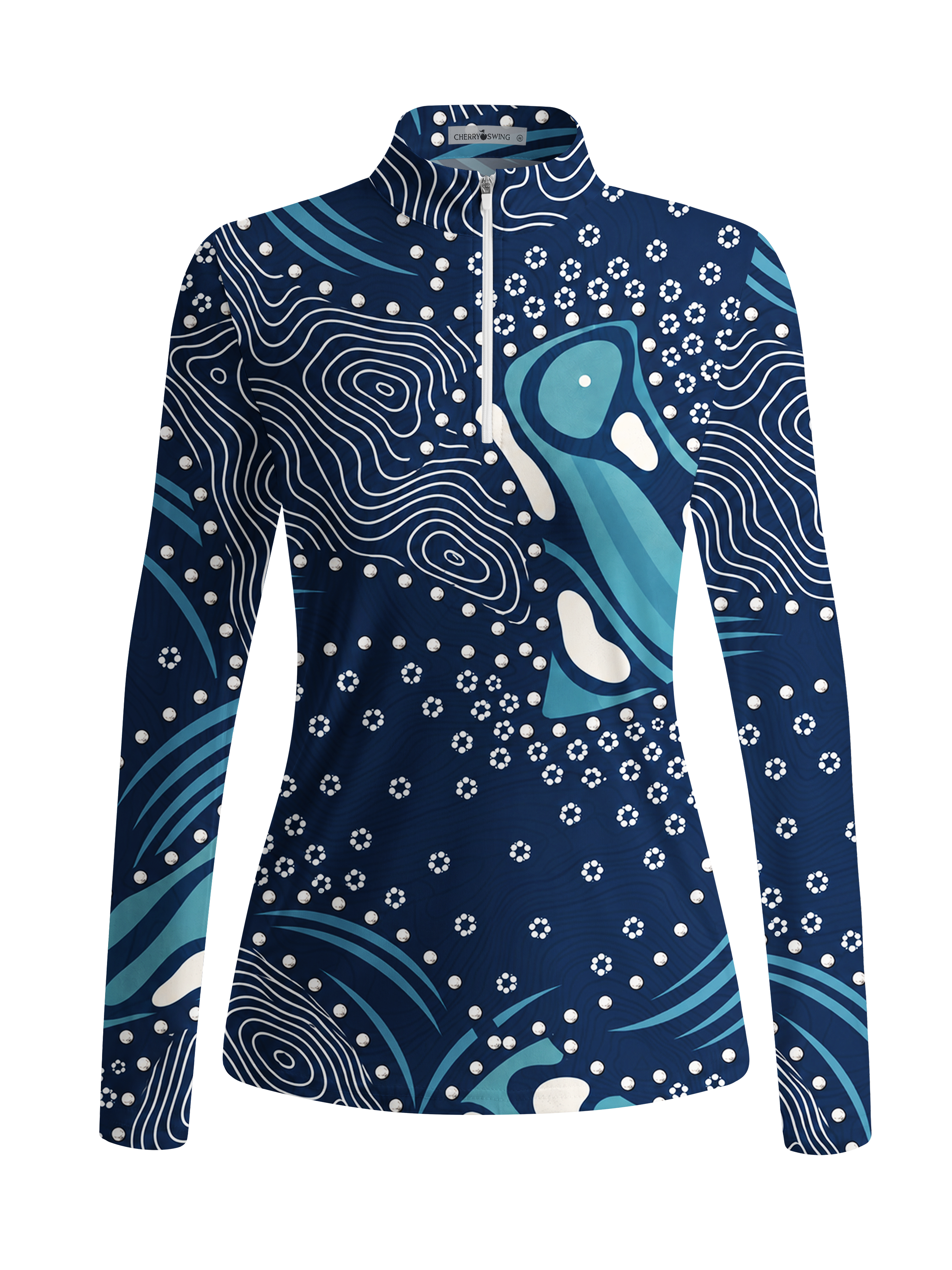 Cherryswing Women's Deep Sea Contour Abstract Print Long Sleeve Golf Shirt
