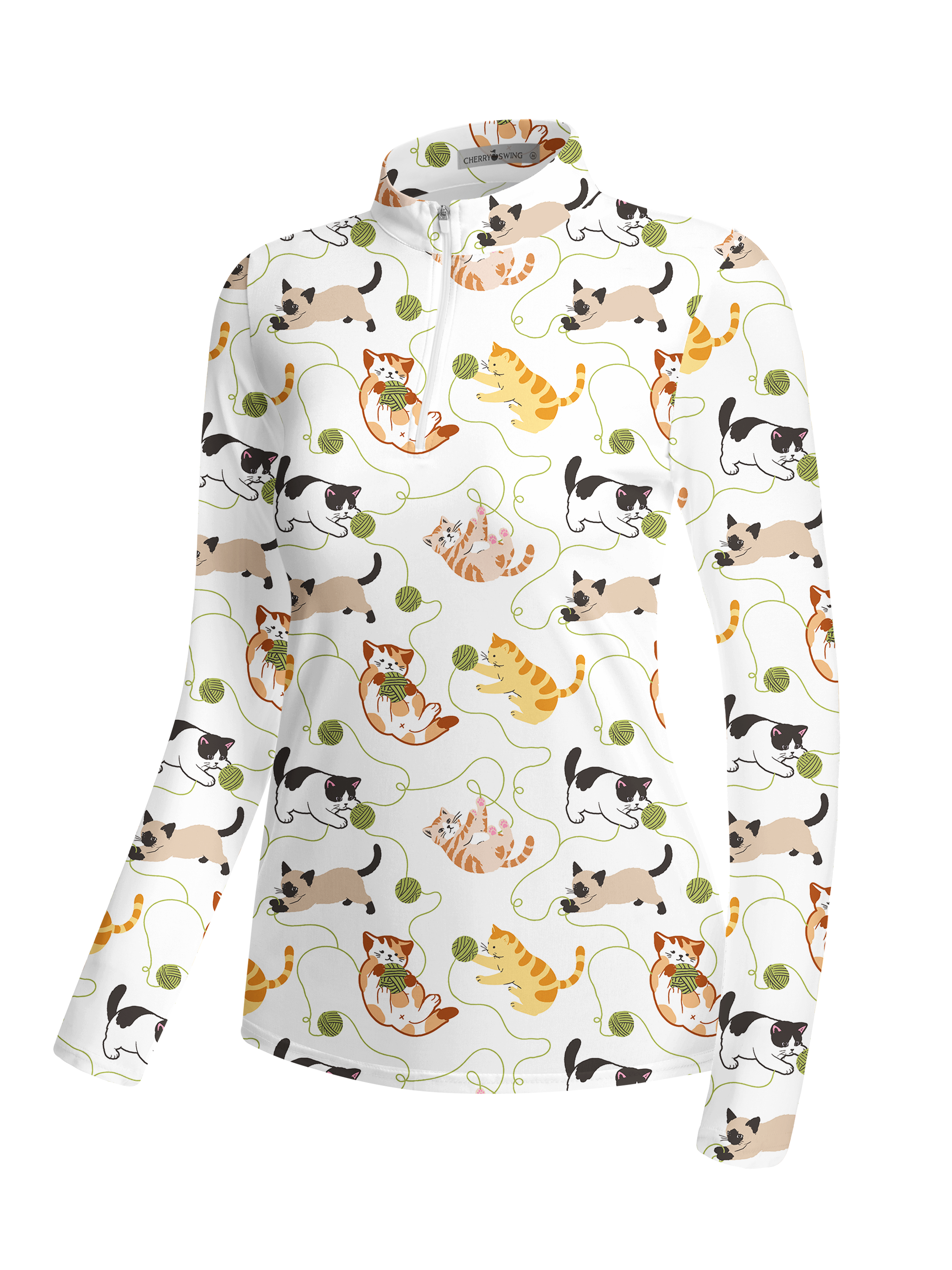 Cherryswing Women's Playful Cute Cat Print Long Sleeve Golf Shirt