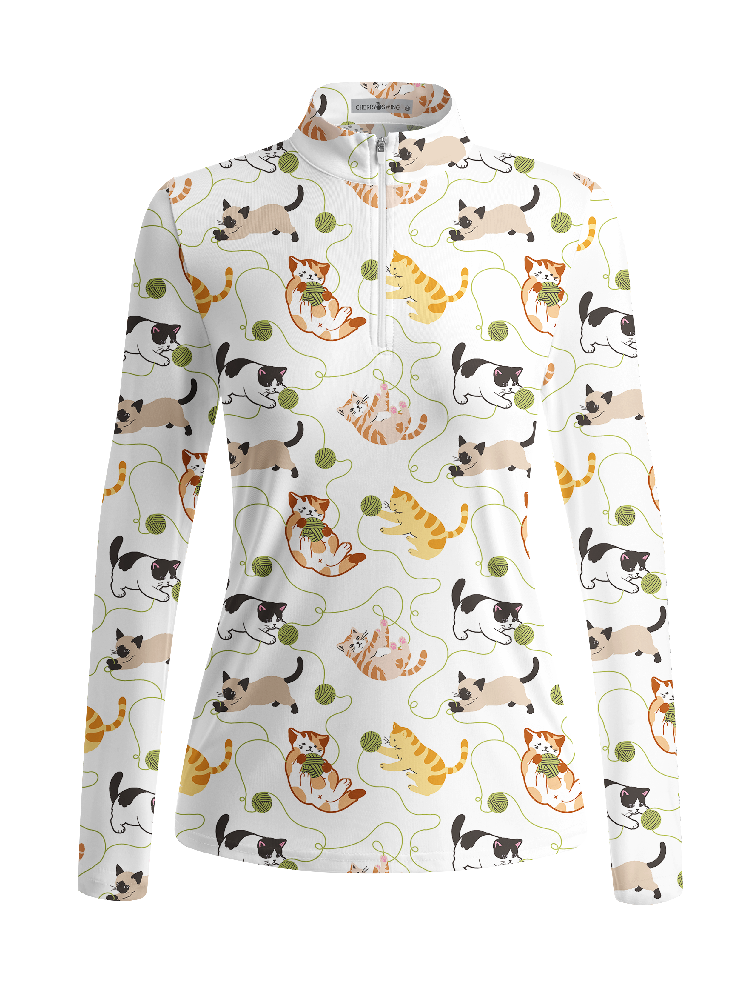 Cherryswing Women's Playful Cute Cat Print Long Sleeve Golf Shirt