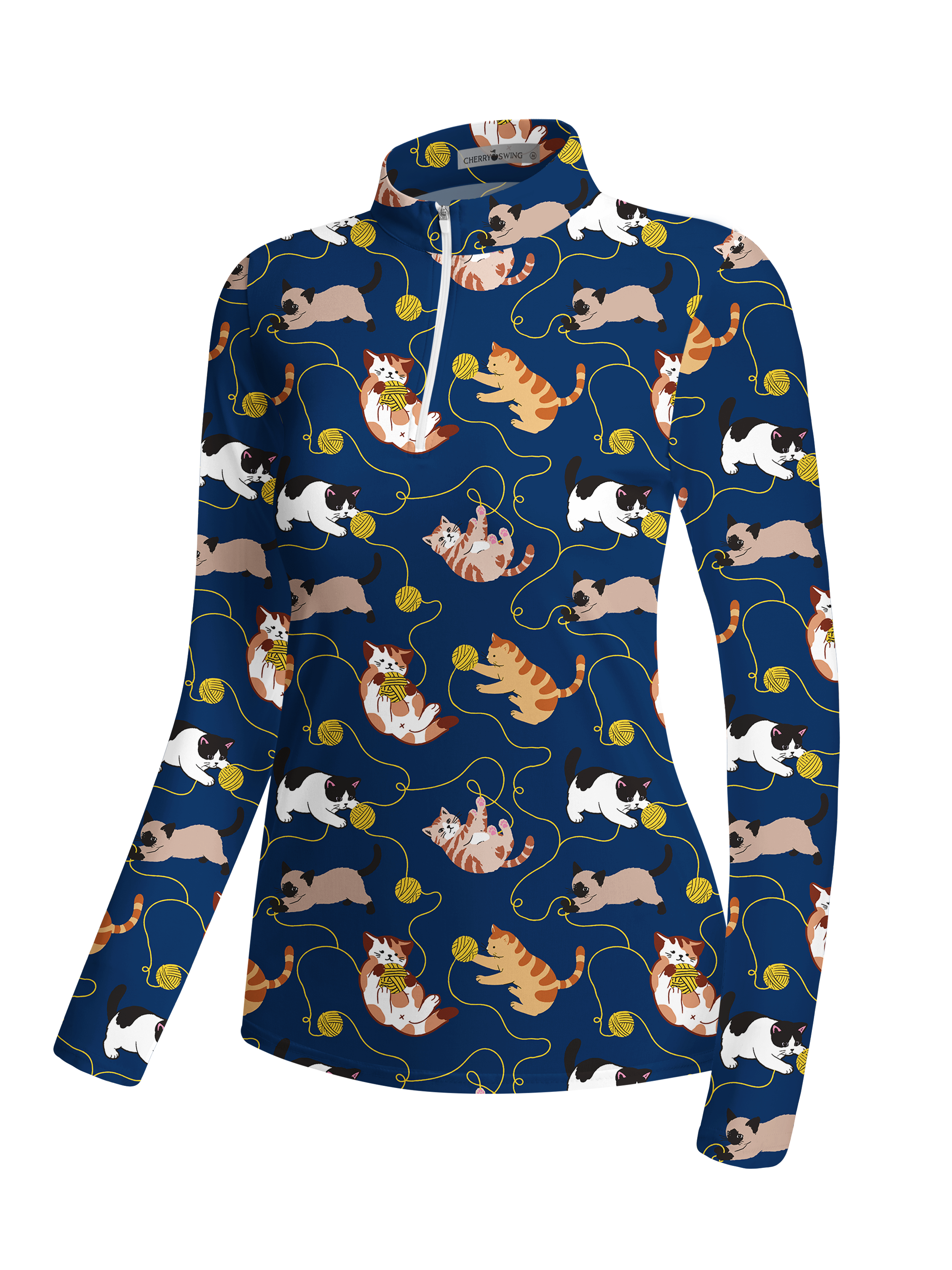 Cherryswing Women's Playful Cute Cat Print Long Sleeve Golf Shirt