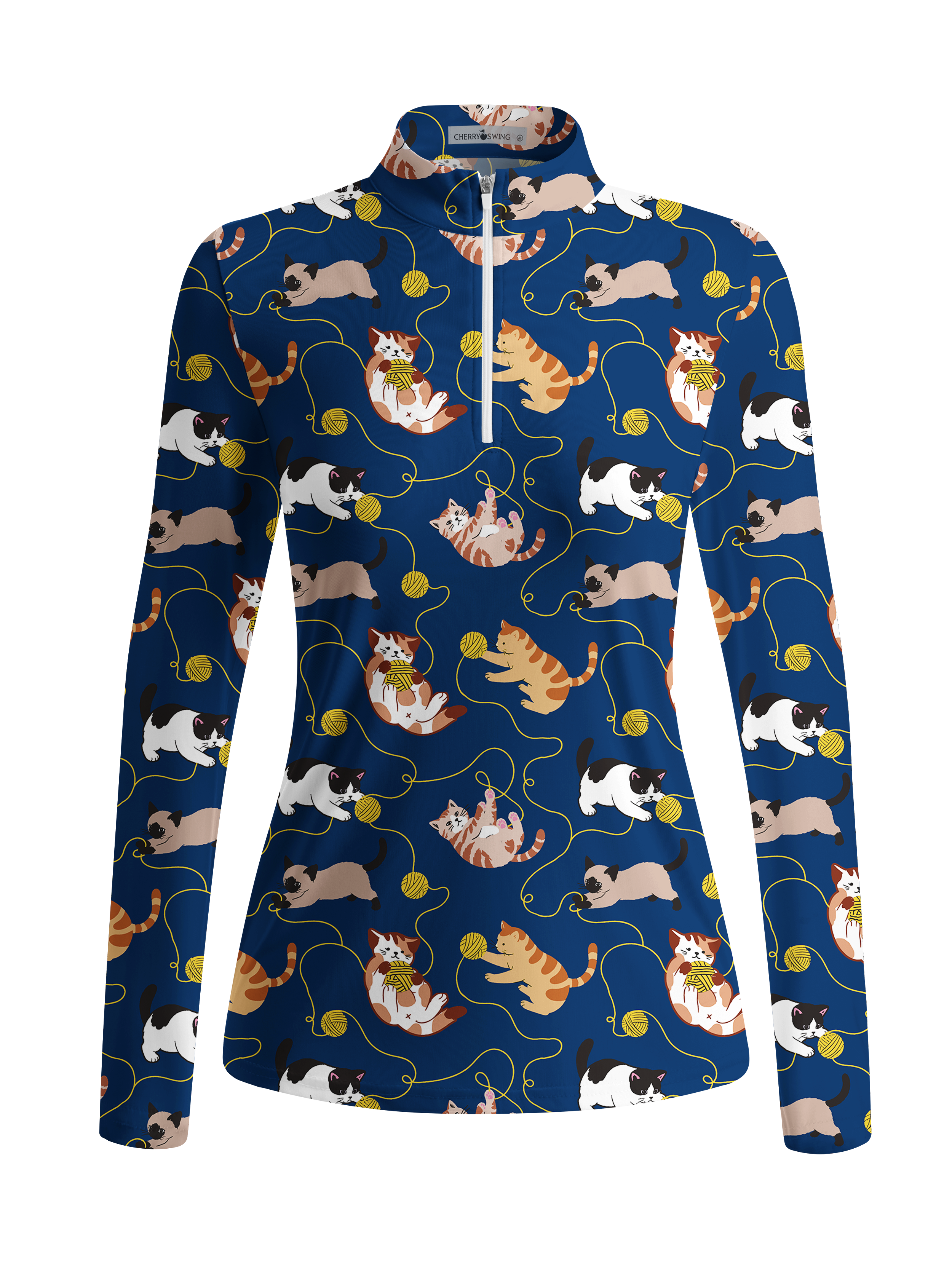 Cherryswing Women's Playful Cute Cat Print Long Sleeve Golf Shirt