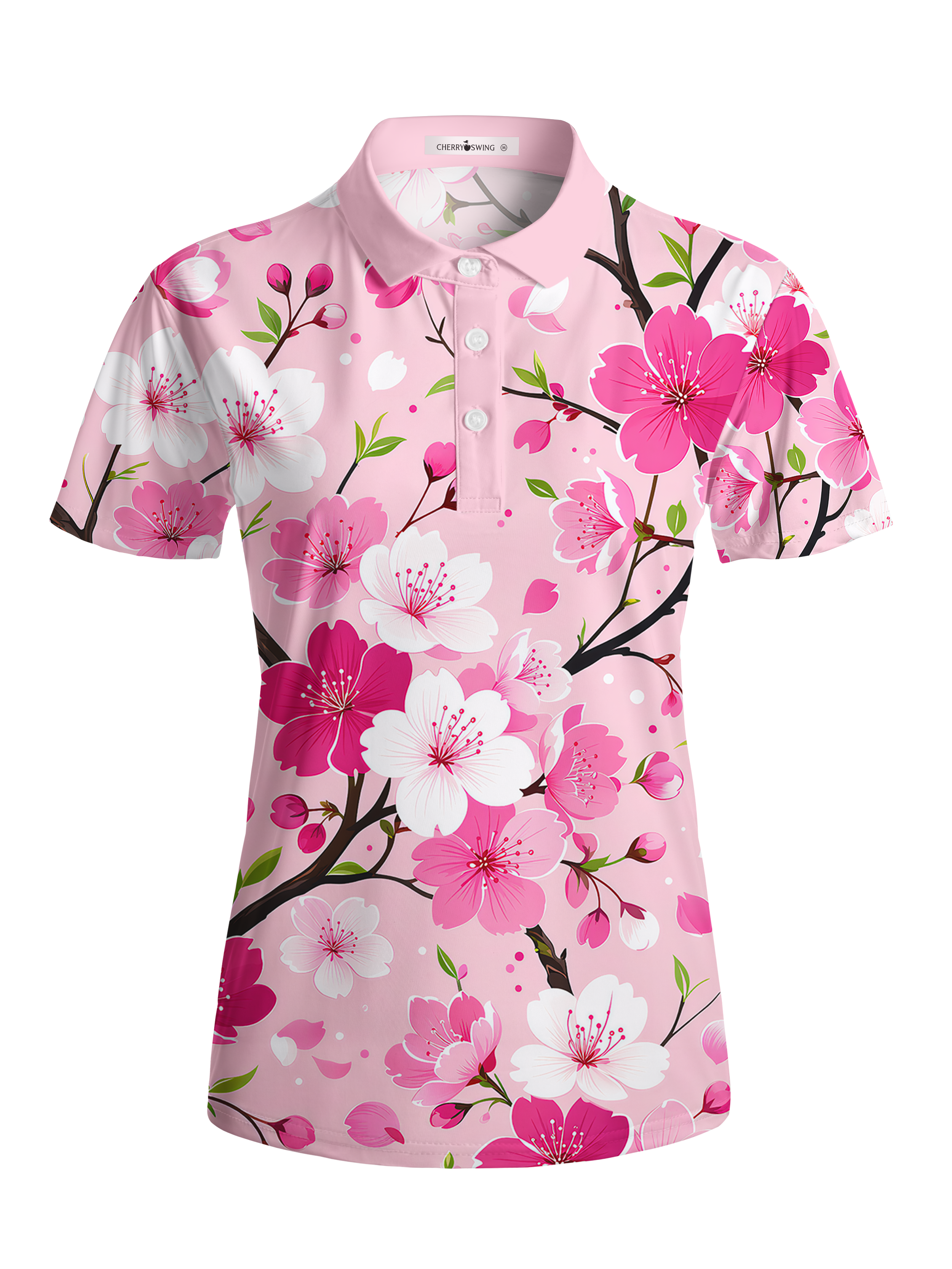 Cherryswing Women's Cherry Blossom Branch Print Short Sleeve Classic Golf Polo