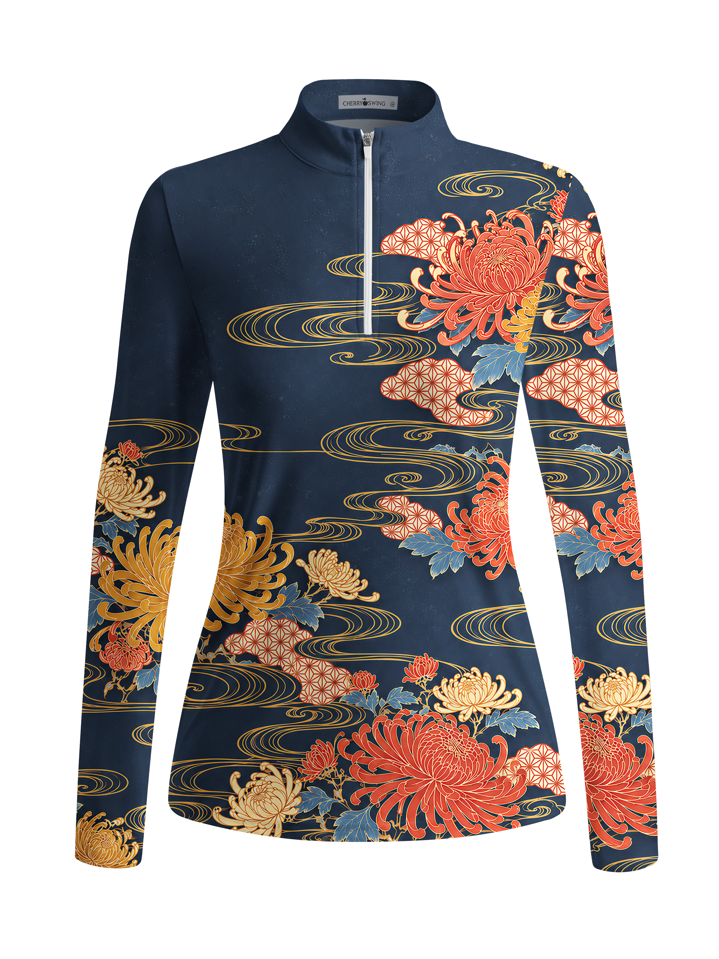 Cherryswing Women's Gradient Color FlowersLong Sleeve Golf Polo