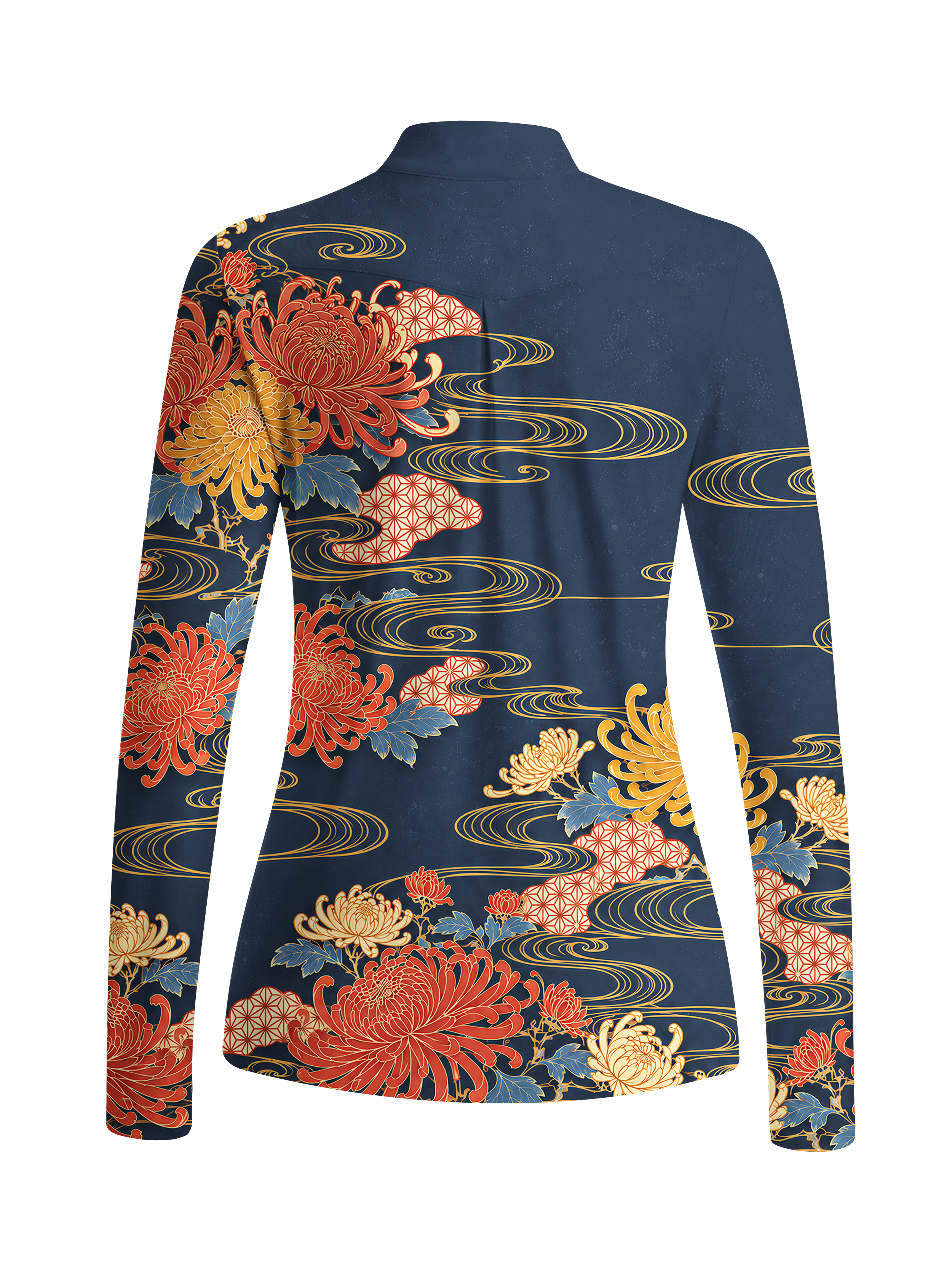 Cherryswing Women's Oriental Golden Chrysanthemum Long Sleeve Golf Shirt