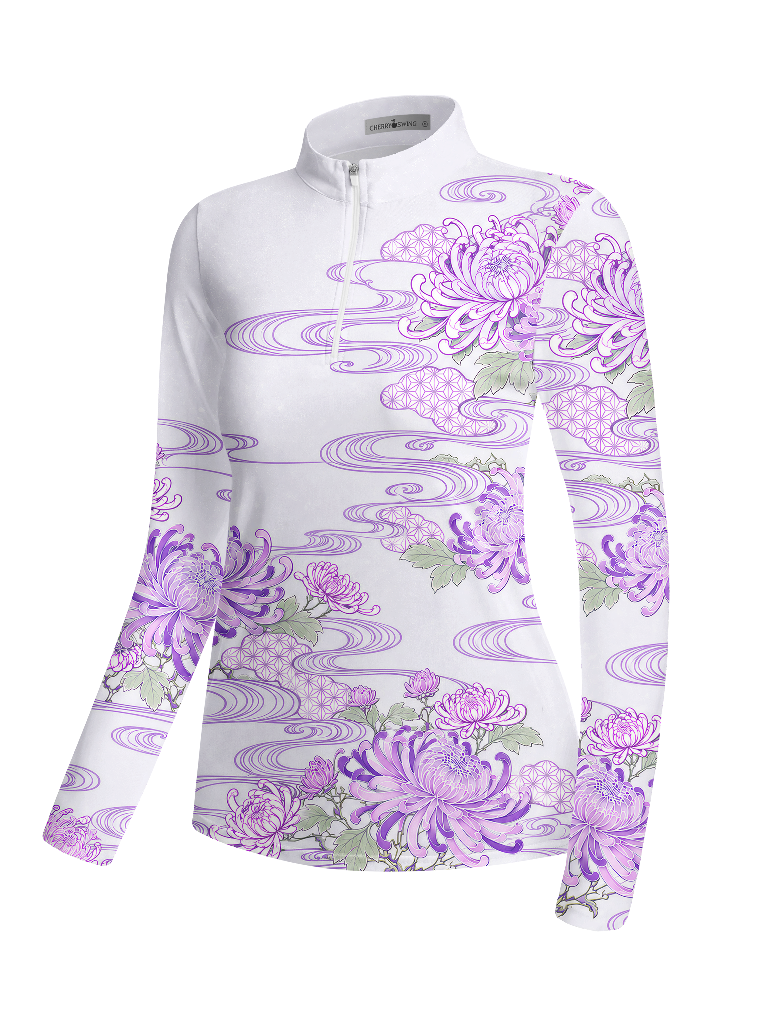 Cherryswing Women's Oriental Golden Chrysanthemum Long Sleeve Golf Shirt