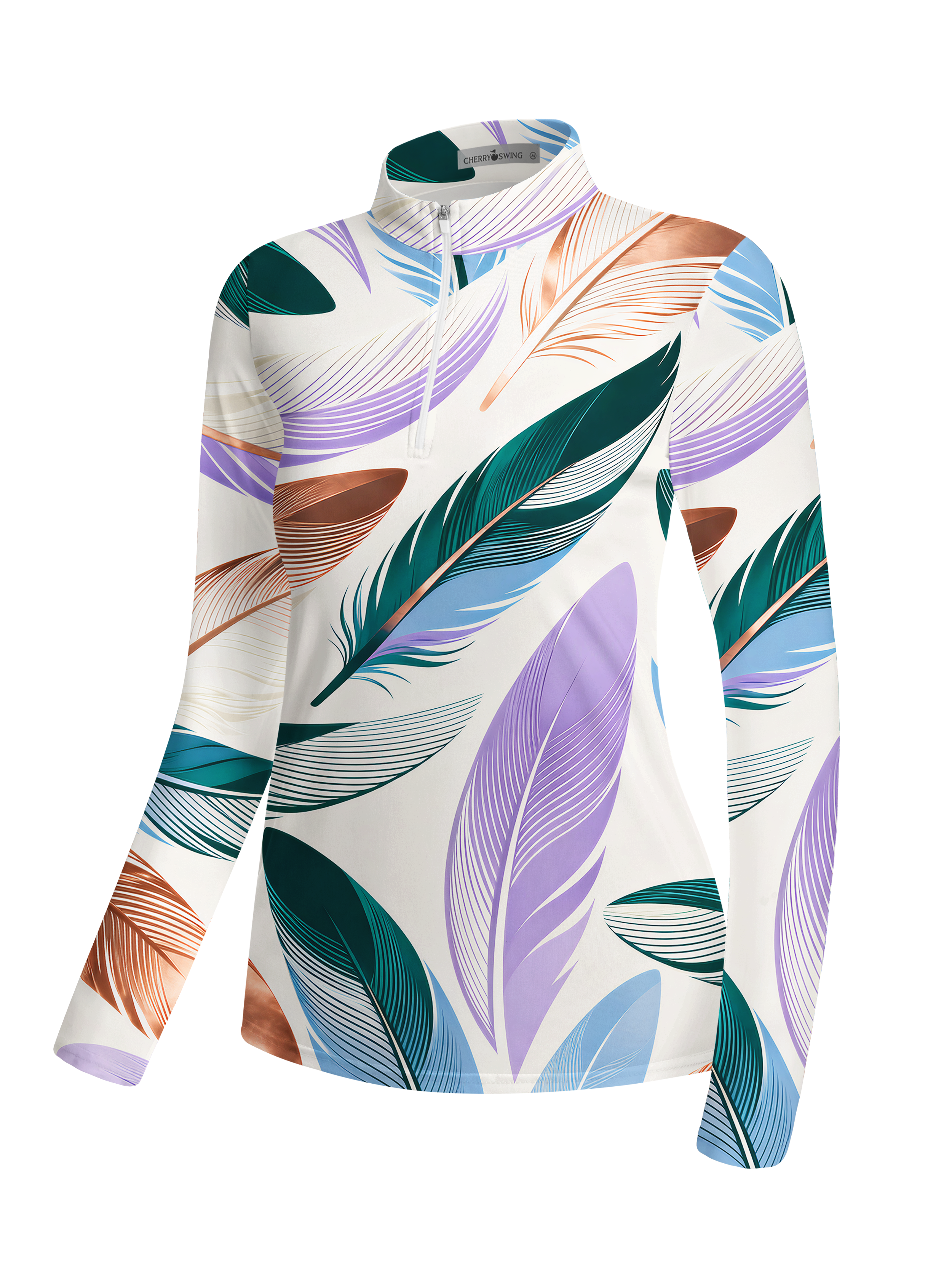 Cherryswing Women's Iridescent Feather Art Long Sleeve Golf Shirt