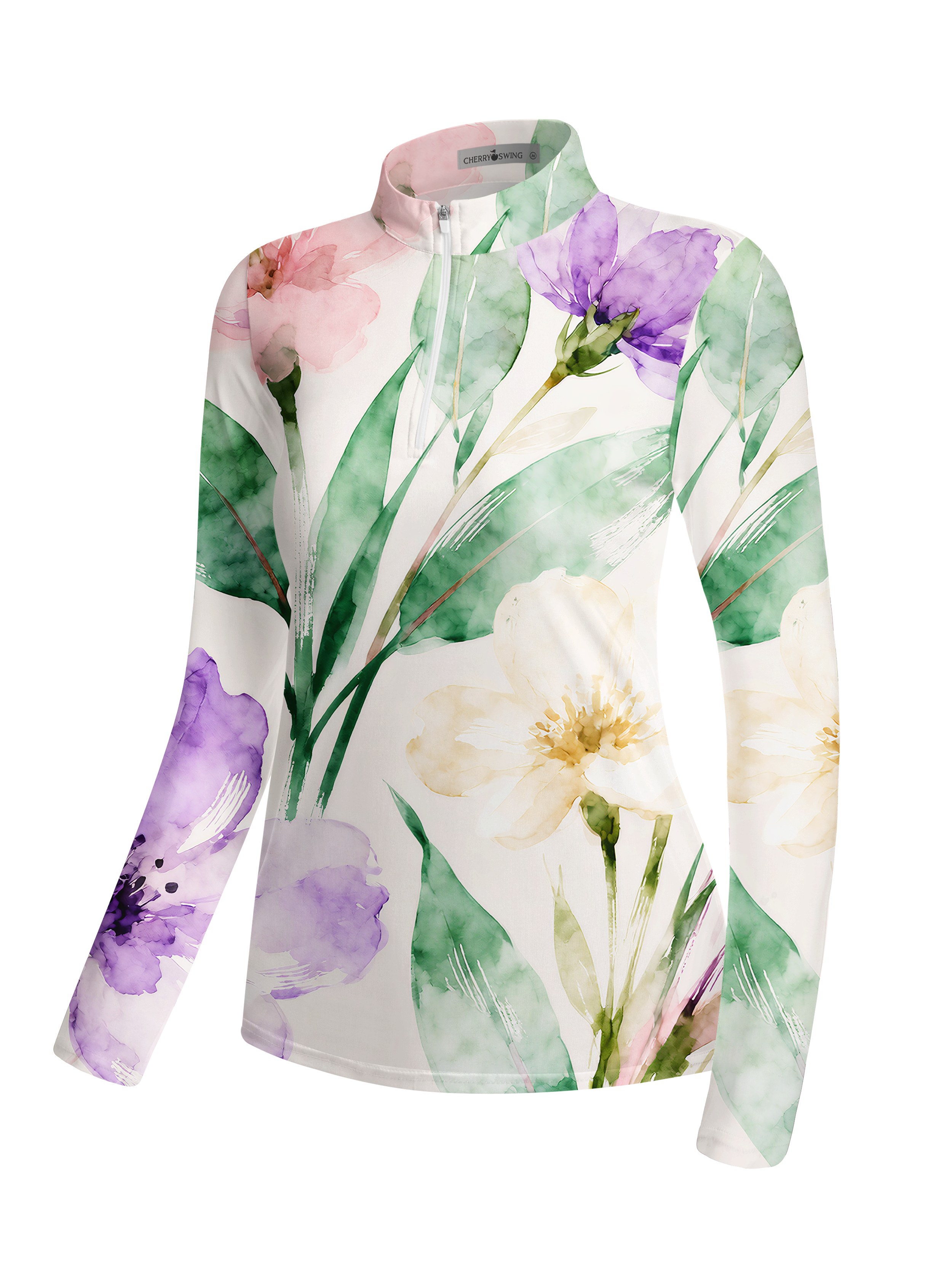 Cherryswing Women's Watercolor Purple Floral Long Sleeve Golf Shirt