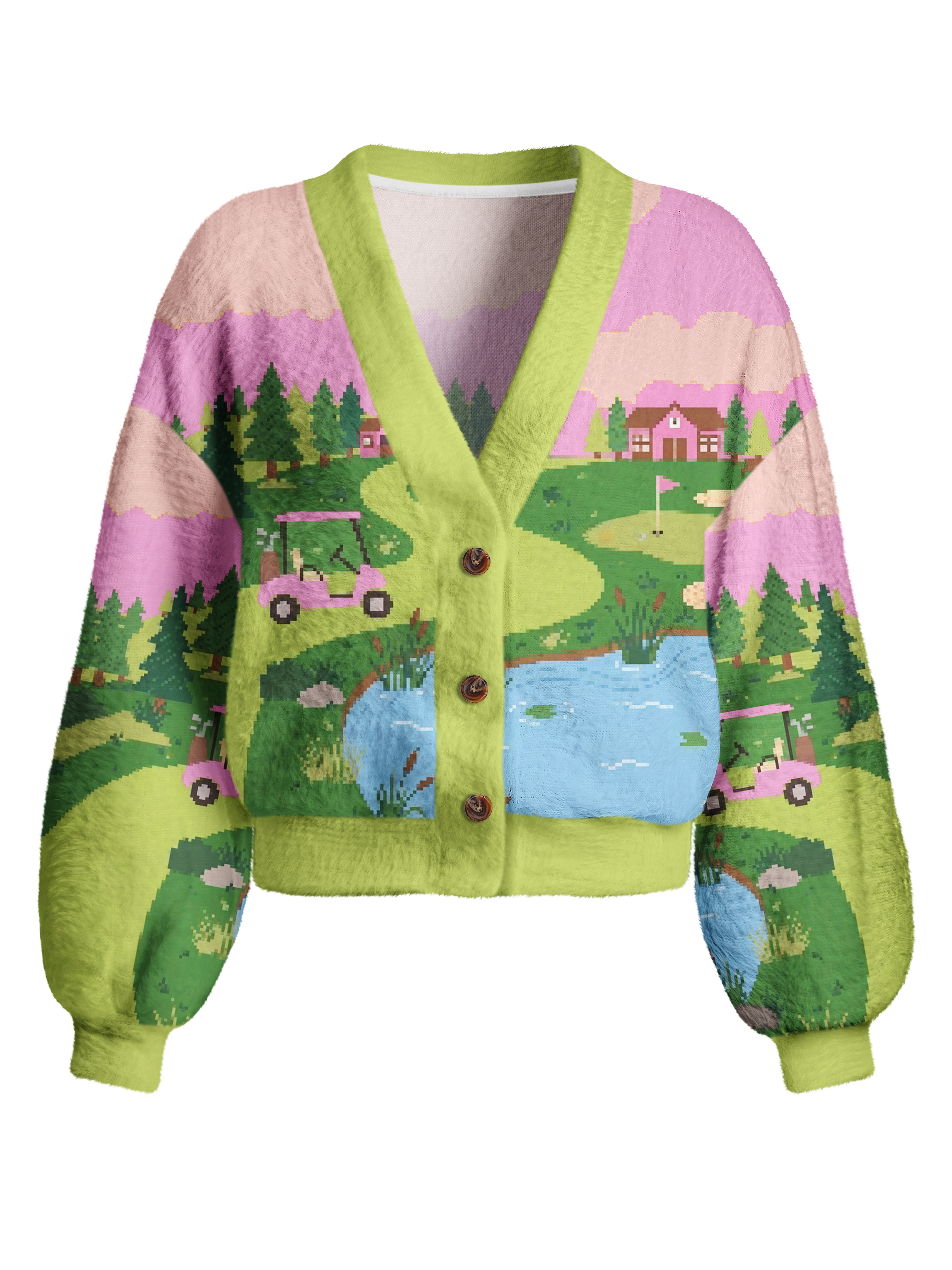 Cherryswing Women's Retro Pixel Landscape Fuzzy Knit Golf Cardigan