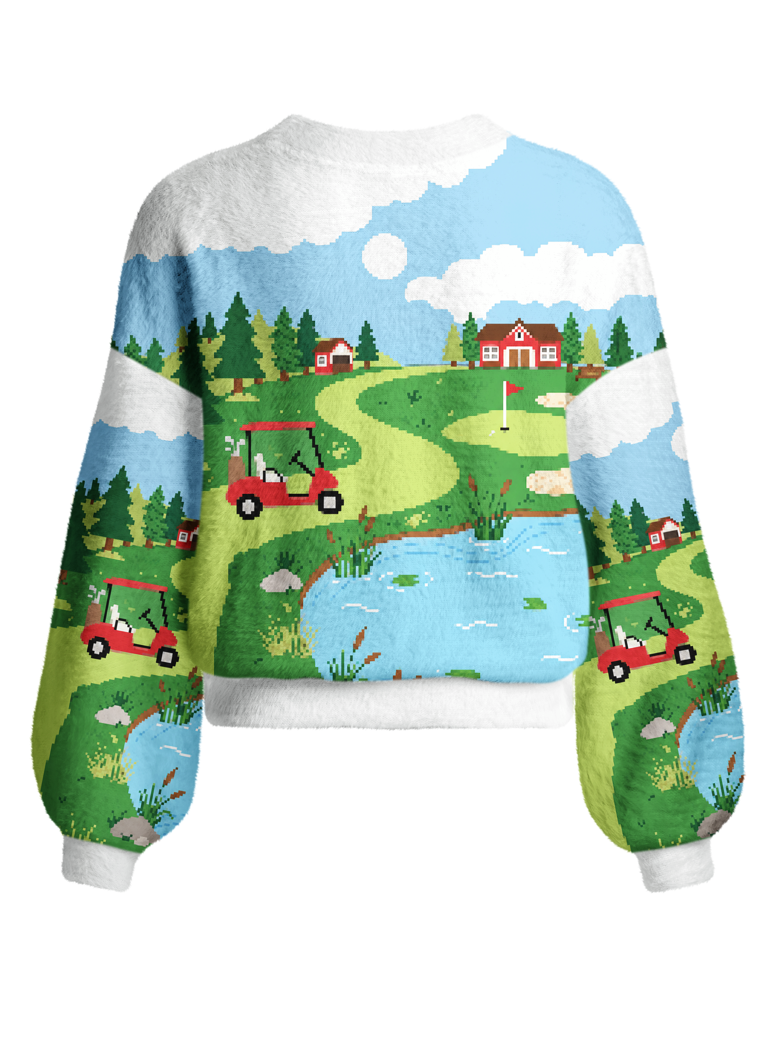 Cherryswing Women's Retro Pixel Landscape Fuzzy Knit Golf Cardigan