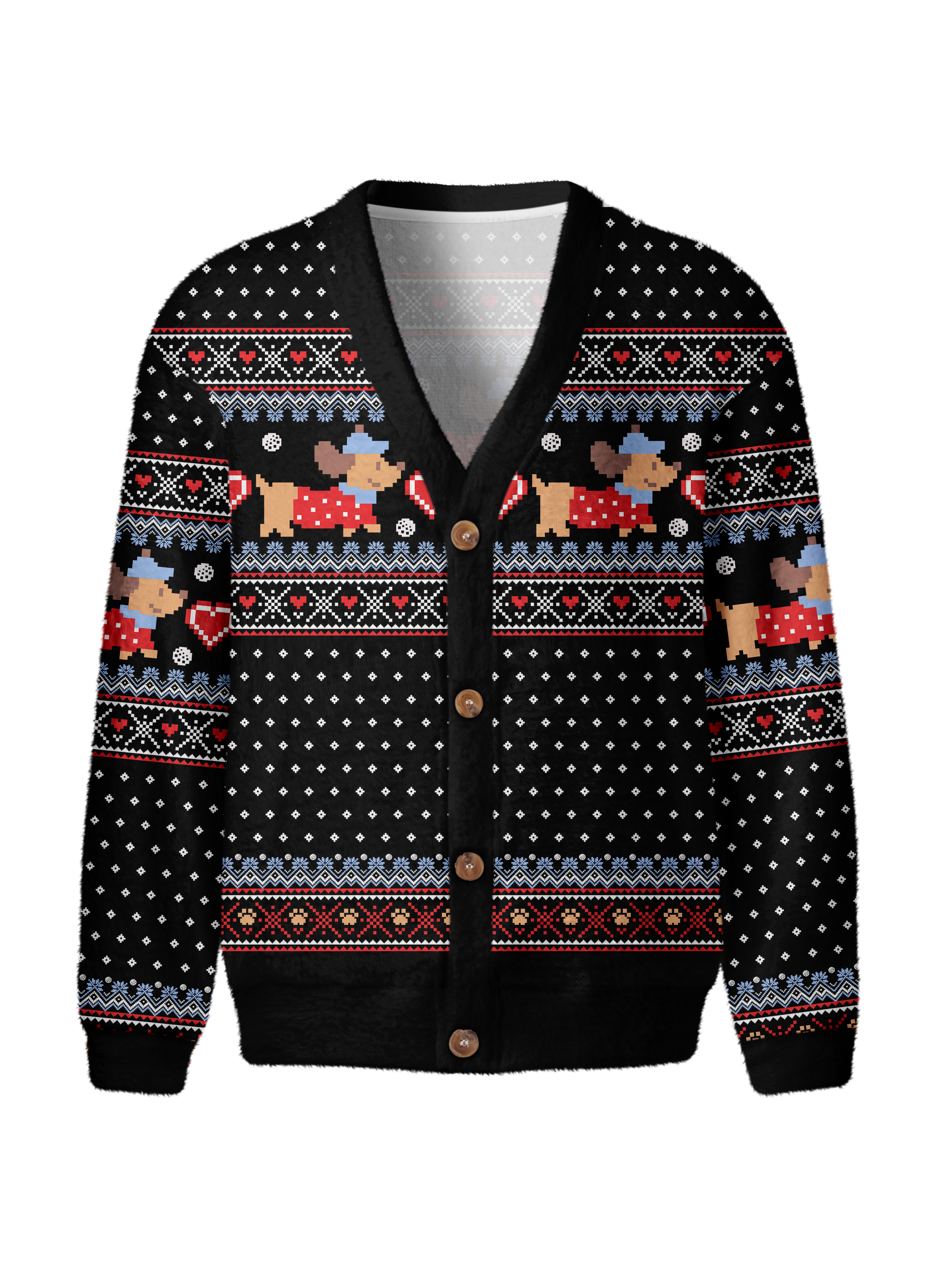 Cherryswing Pixel Dog and Heart Nordic Fuzzy Men's Cardigan Knit Sweaters
