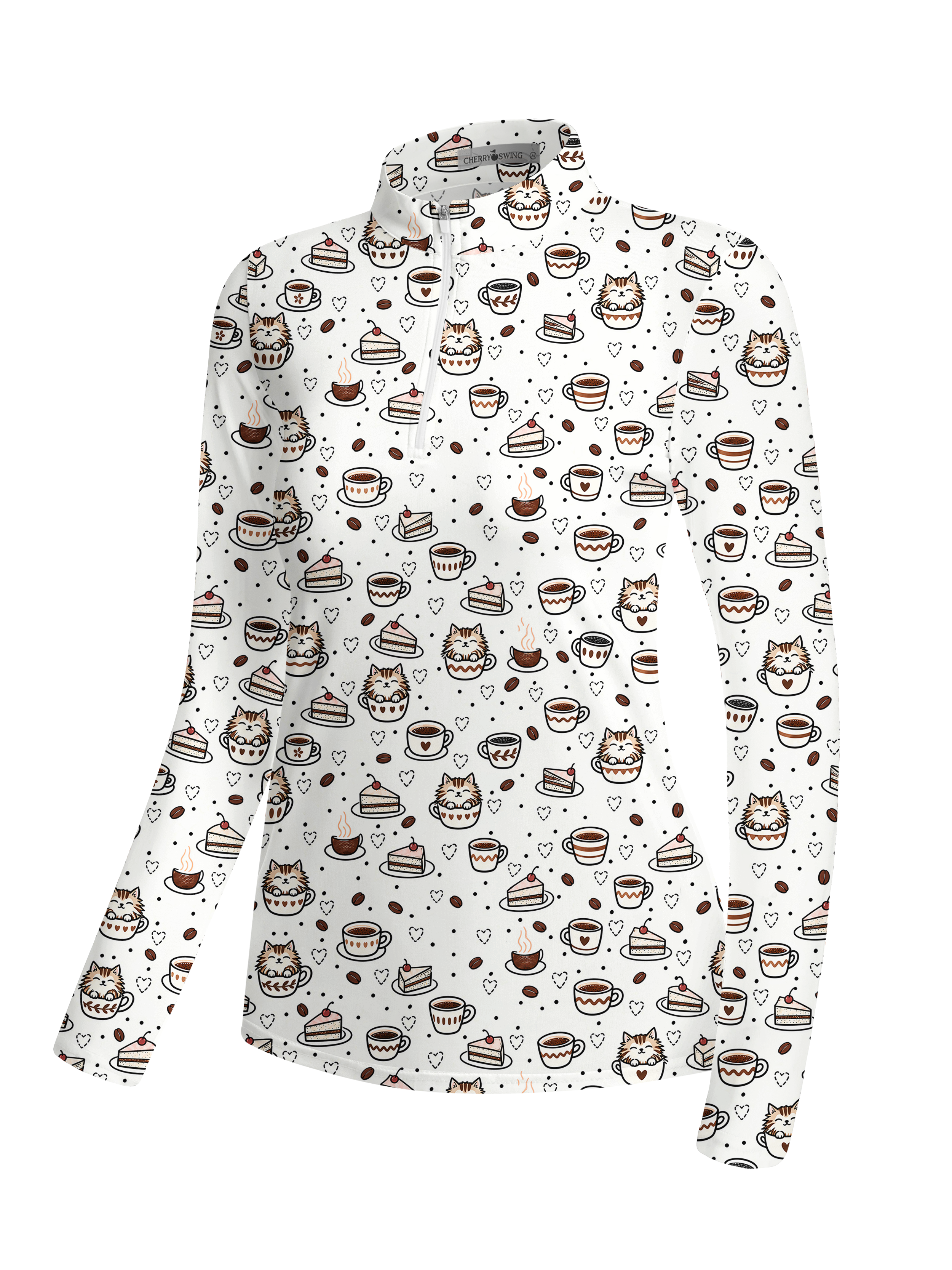 Cherryswing Women's Cute Cat and Coffee Print Long Sleeve Golf Shirt