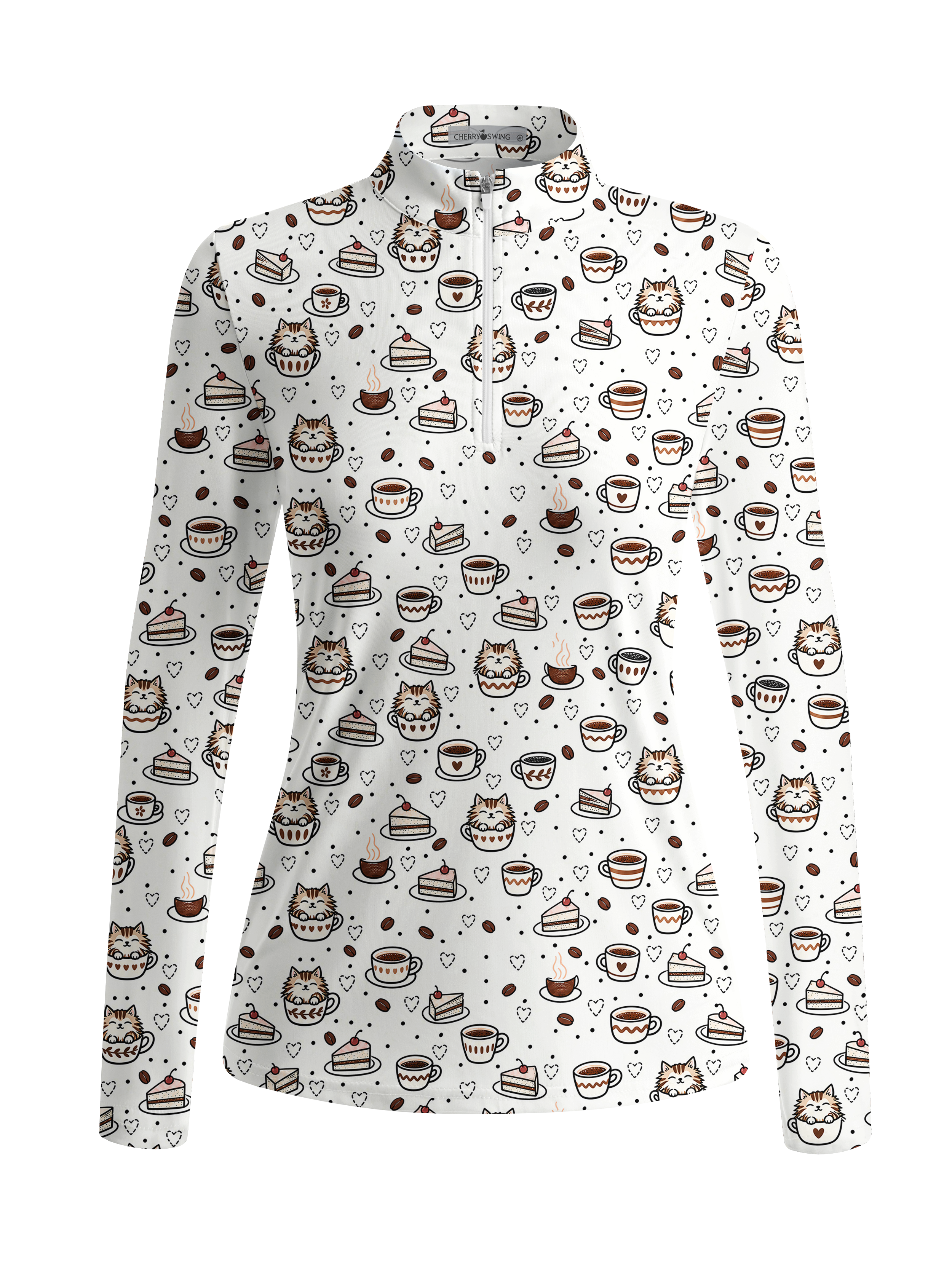 Cherryswing Women's Cute Cat and Coffee Print Long Sleeve Golf Shirt