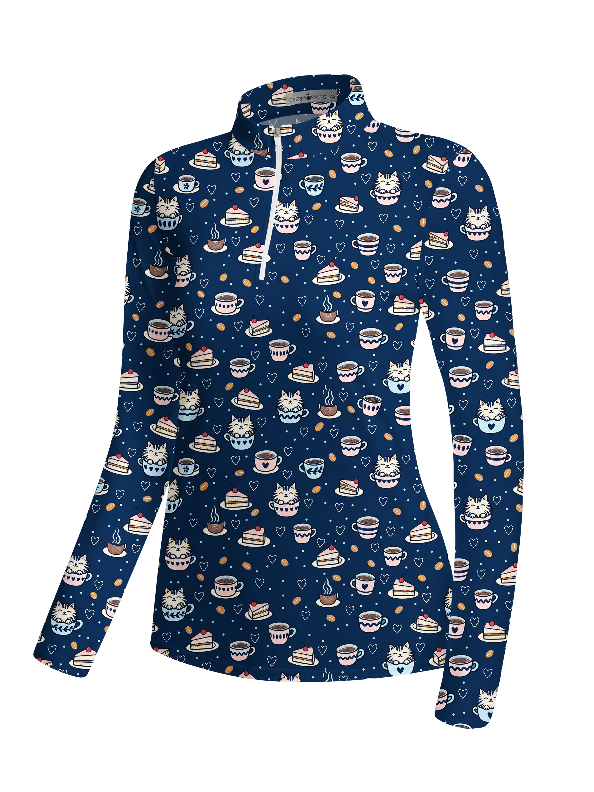Cherryswing Women's Cute Cat and Coffee Print Long Sleeve Golf Shirt