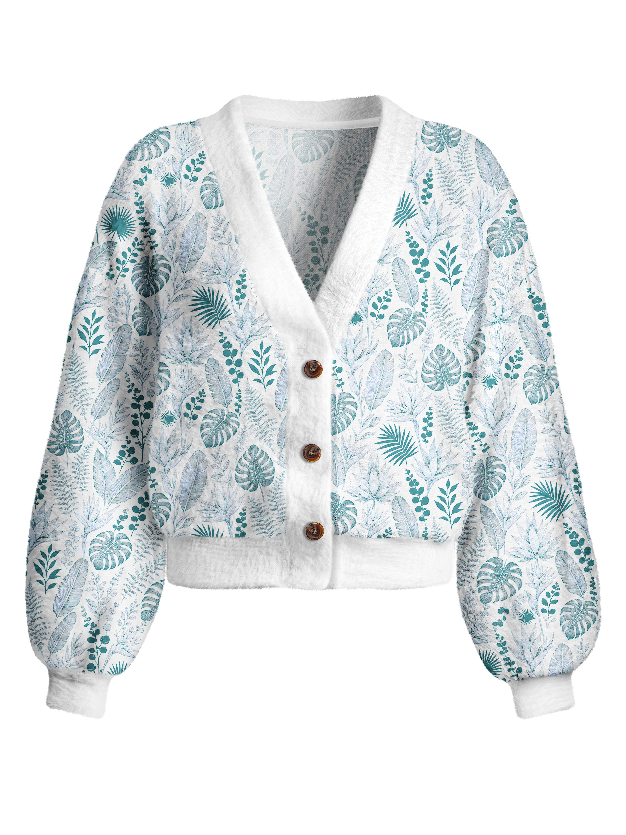Cherryswing Women's Tropical Leaf Fuzzy Knit Golf Cardigan