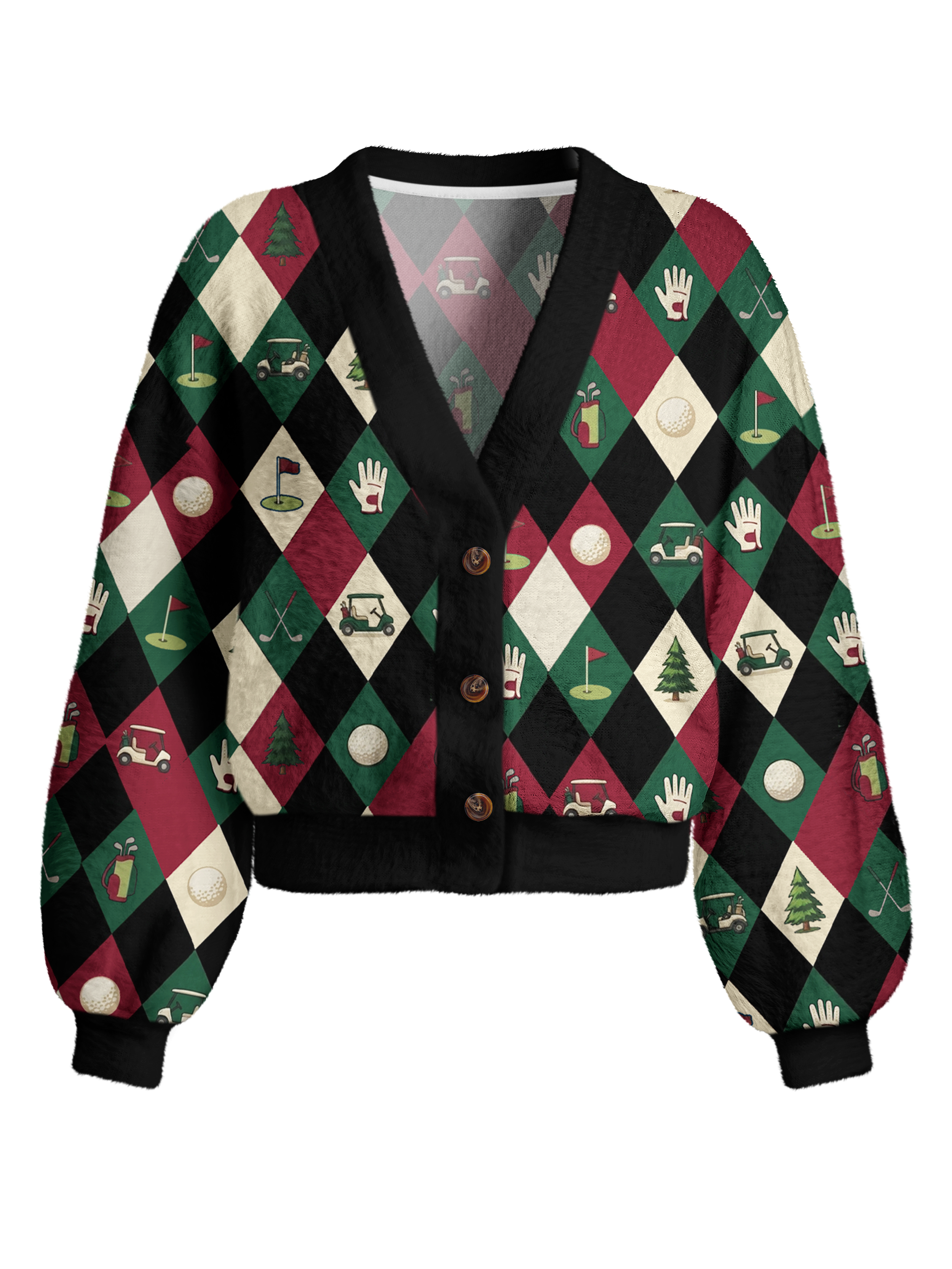 Cherryswing Women's Retro Diamond Golf Fuzzy Knit Golf Cardigan